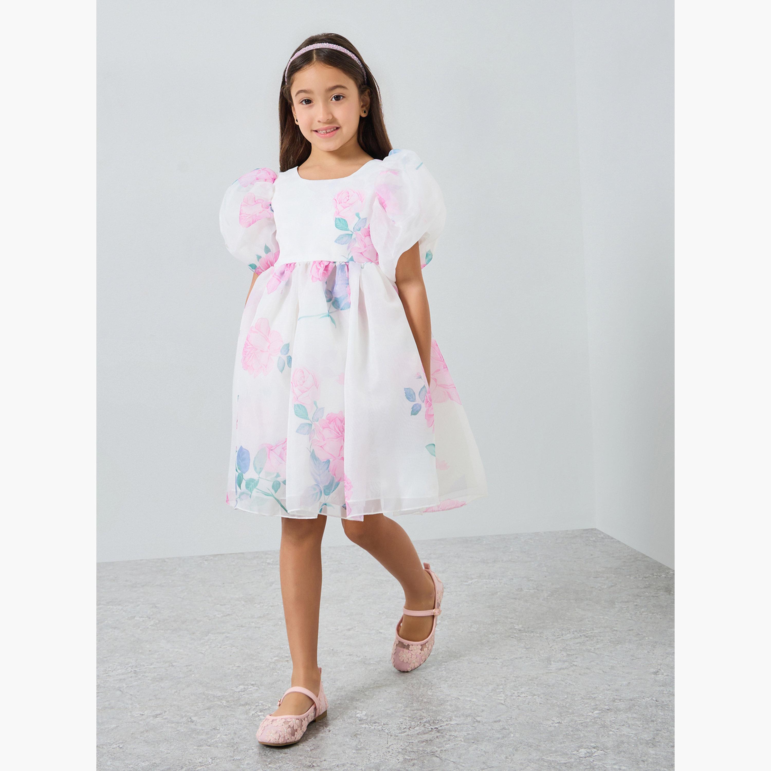 فستان بطبعة زهور وأكمام منفوخة-girls-clothing-dressesandjumpsuits-image-2