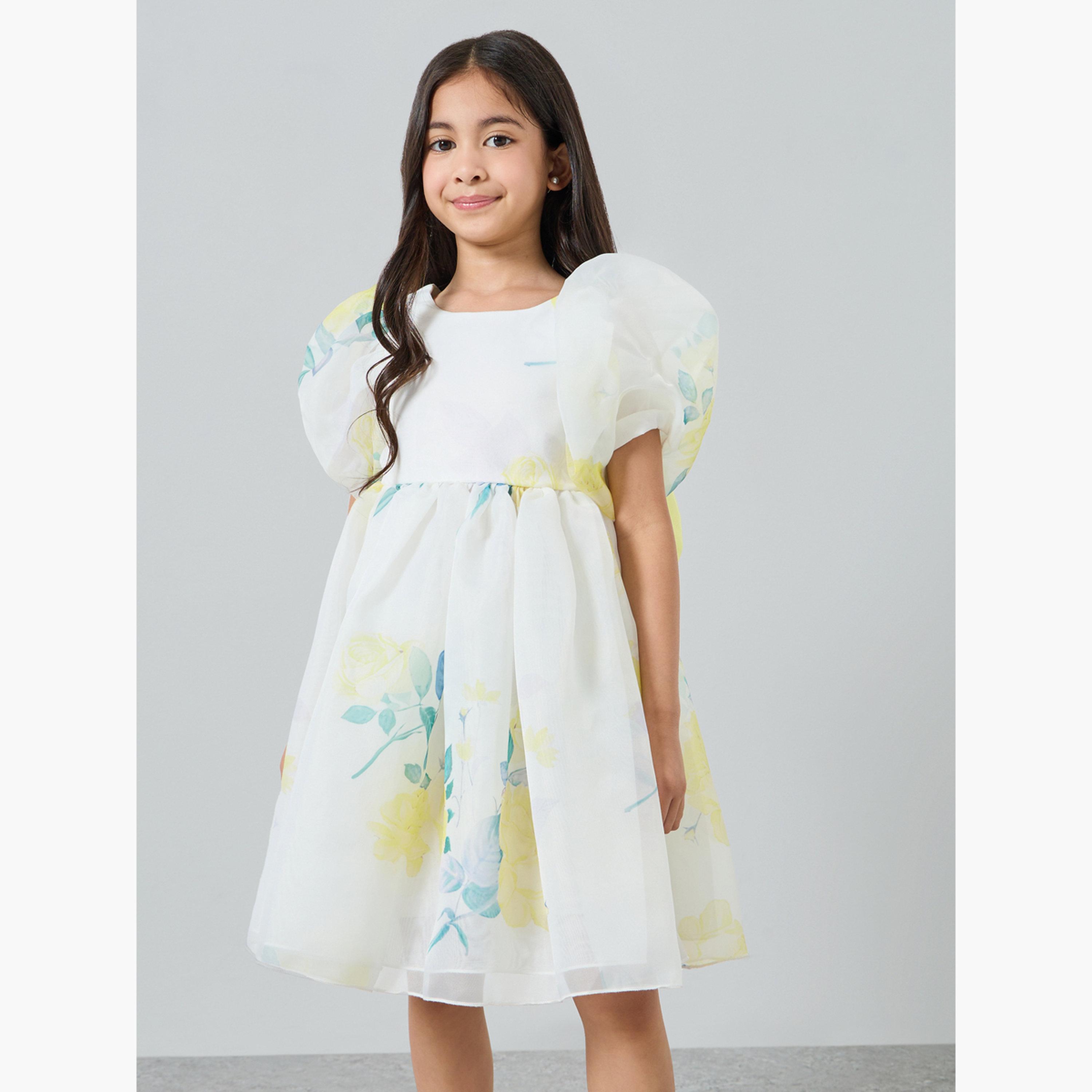 Take Two Girls Yellow Floral Print Puff Sleeve Dress-girls-clothing-dressesandjumpsuits-image-1