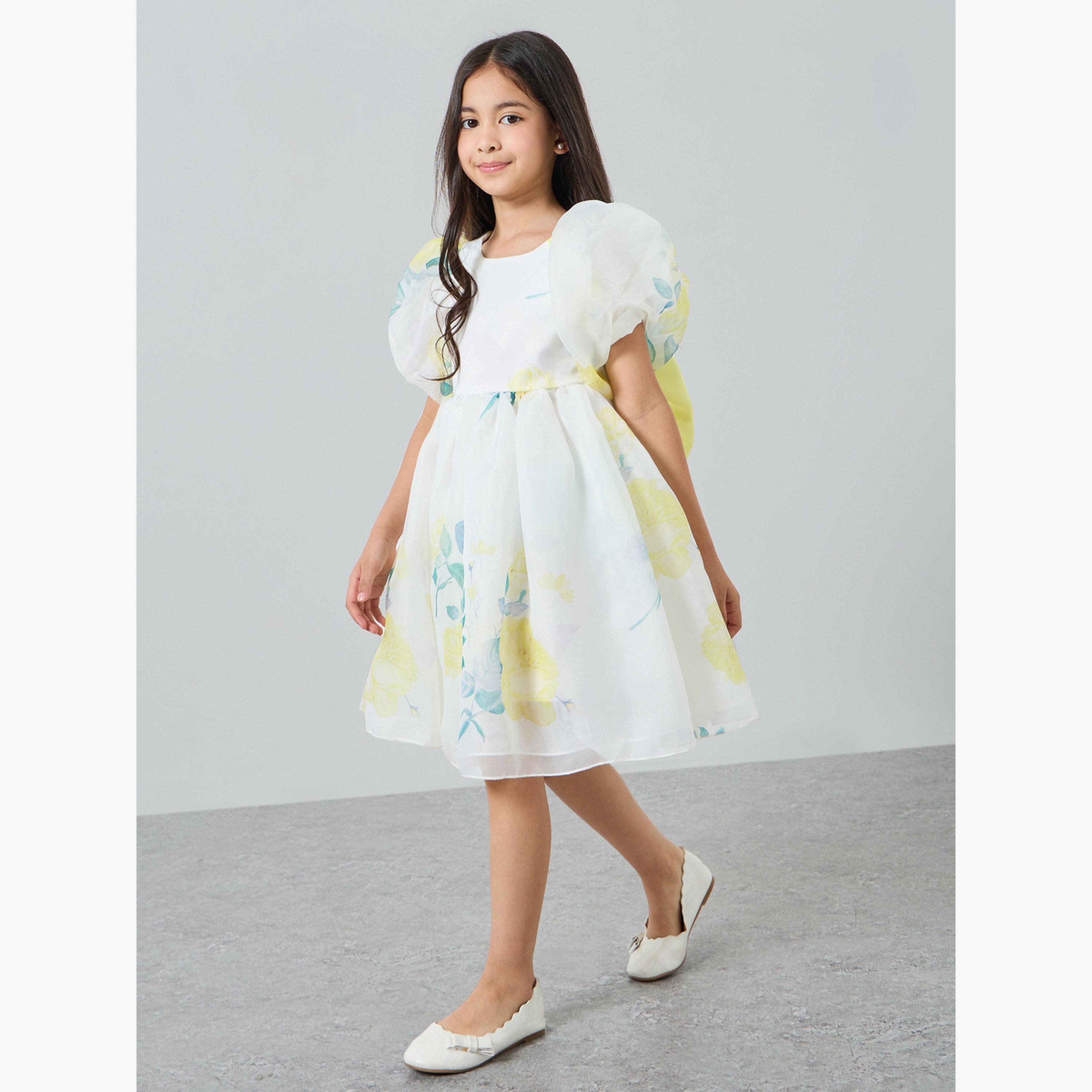 فستان أصفر بطبعة زهور وأكمام منفوخة-girls-clothing-dressesandjumpsuits-image-2