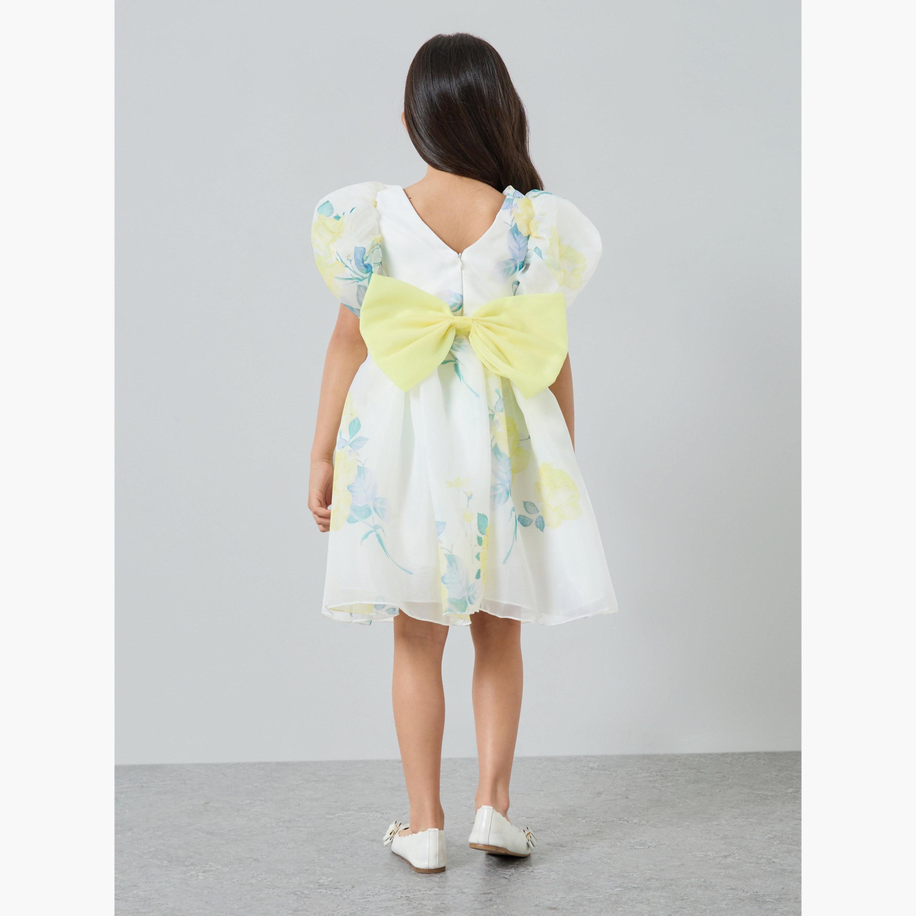 Take Two Girls Yellow Floral Print Puff Sleeve Dress-girls-clothing-dressesandjumpsuits-image-4