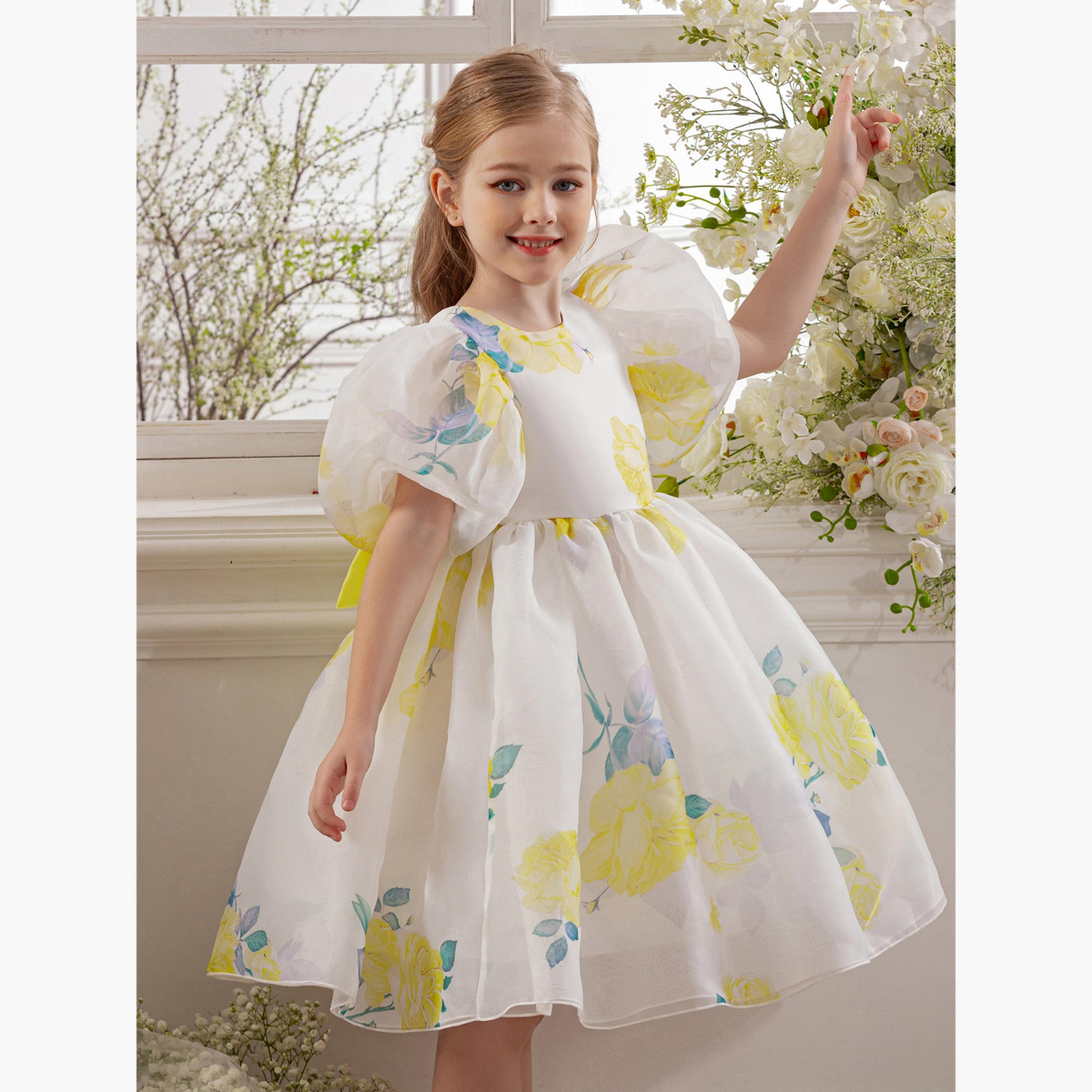 Take Two Girls Yellow Floral Print Puff Sleeve Dress-girls-clothing-dressesandjumpsuits-image-5