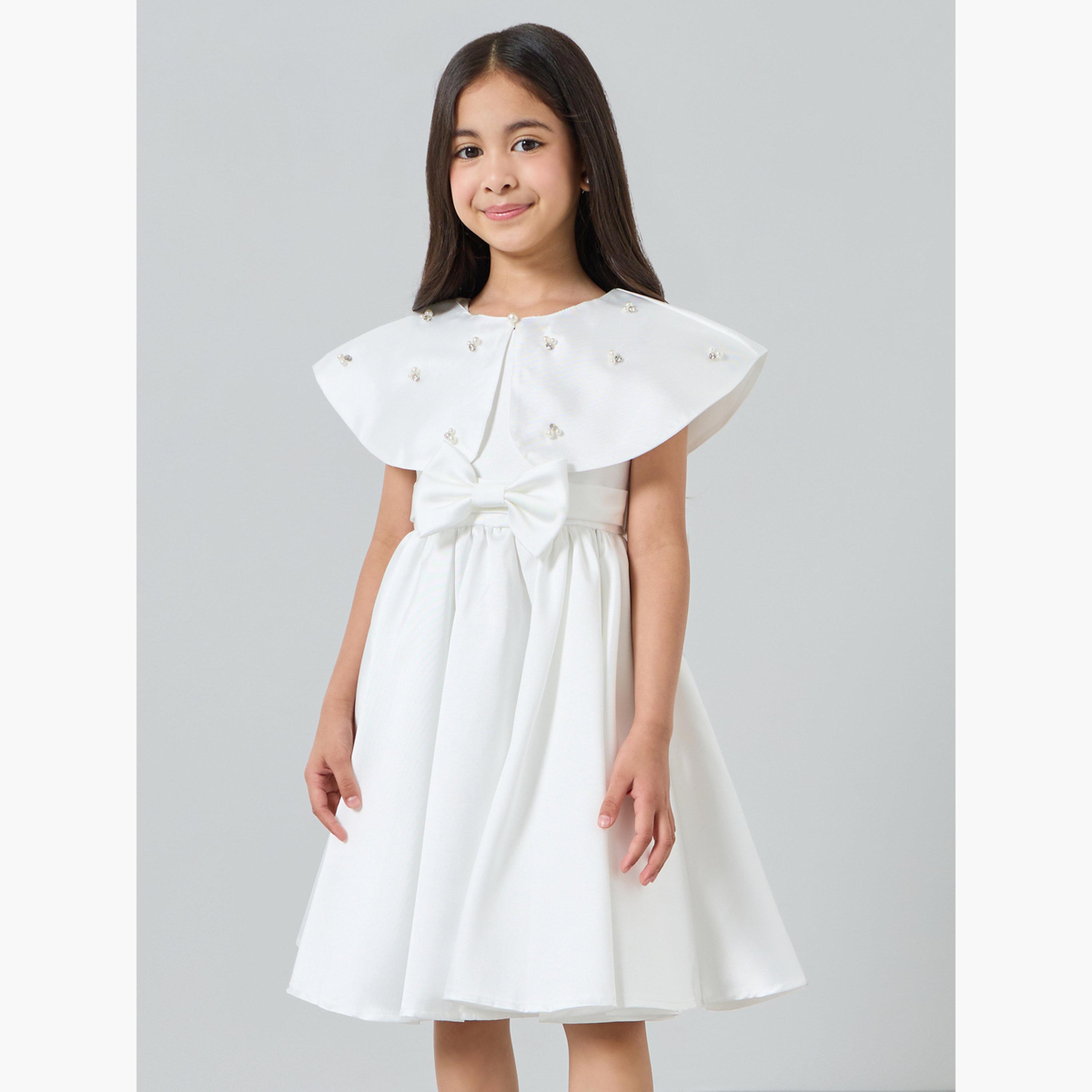 Take Two Girls White Embellished Dress with Cape-girls-clothing-dressesandjumpsuits-image-1
