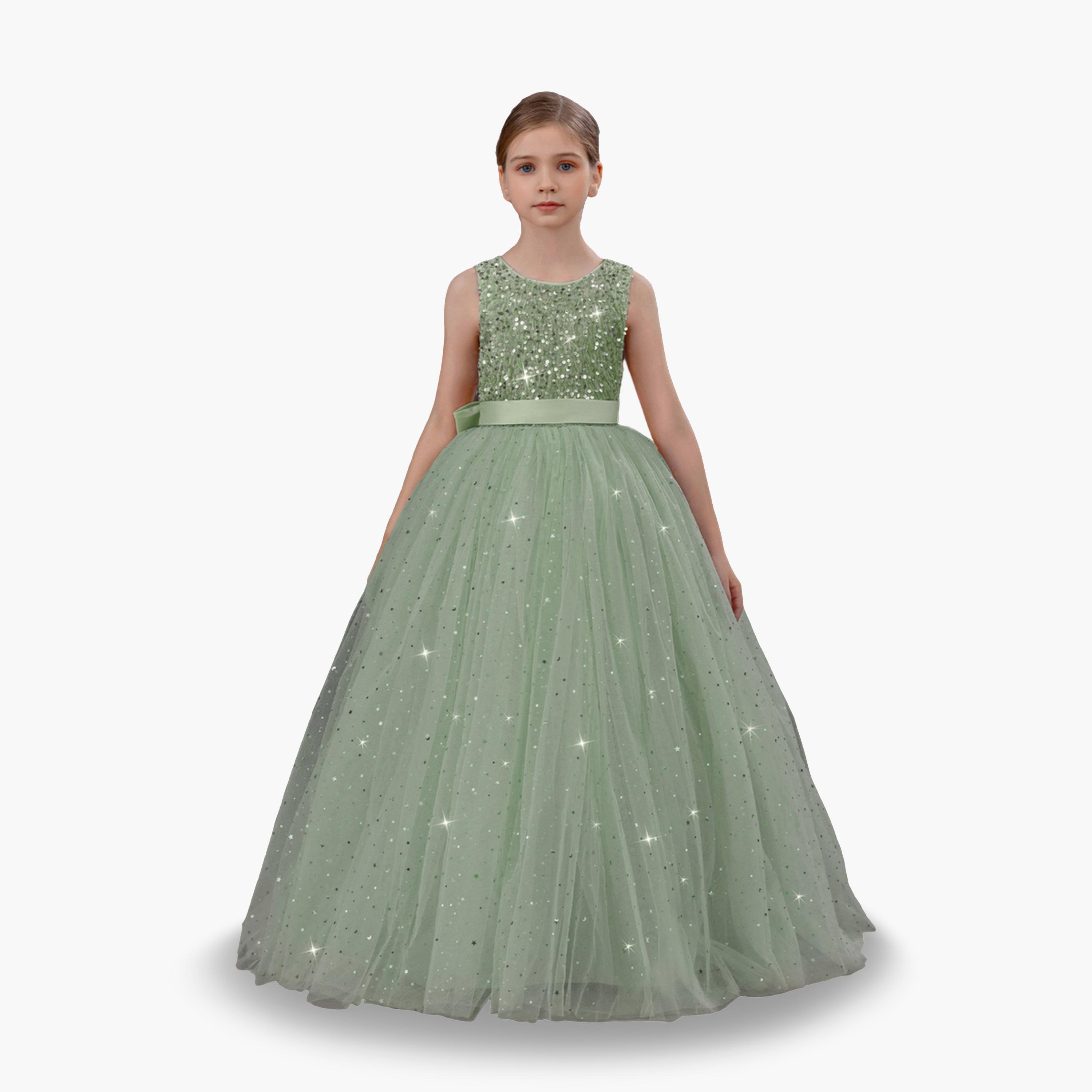 Take Two Girls Green Embellished Sleeveless Maxi Dress-girls-clothing-dressesandjumpsuits-image-1