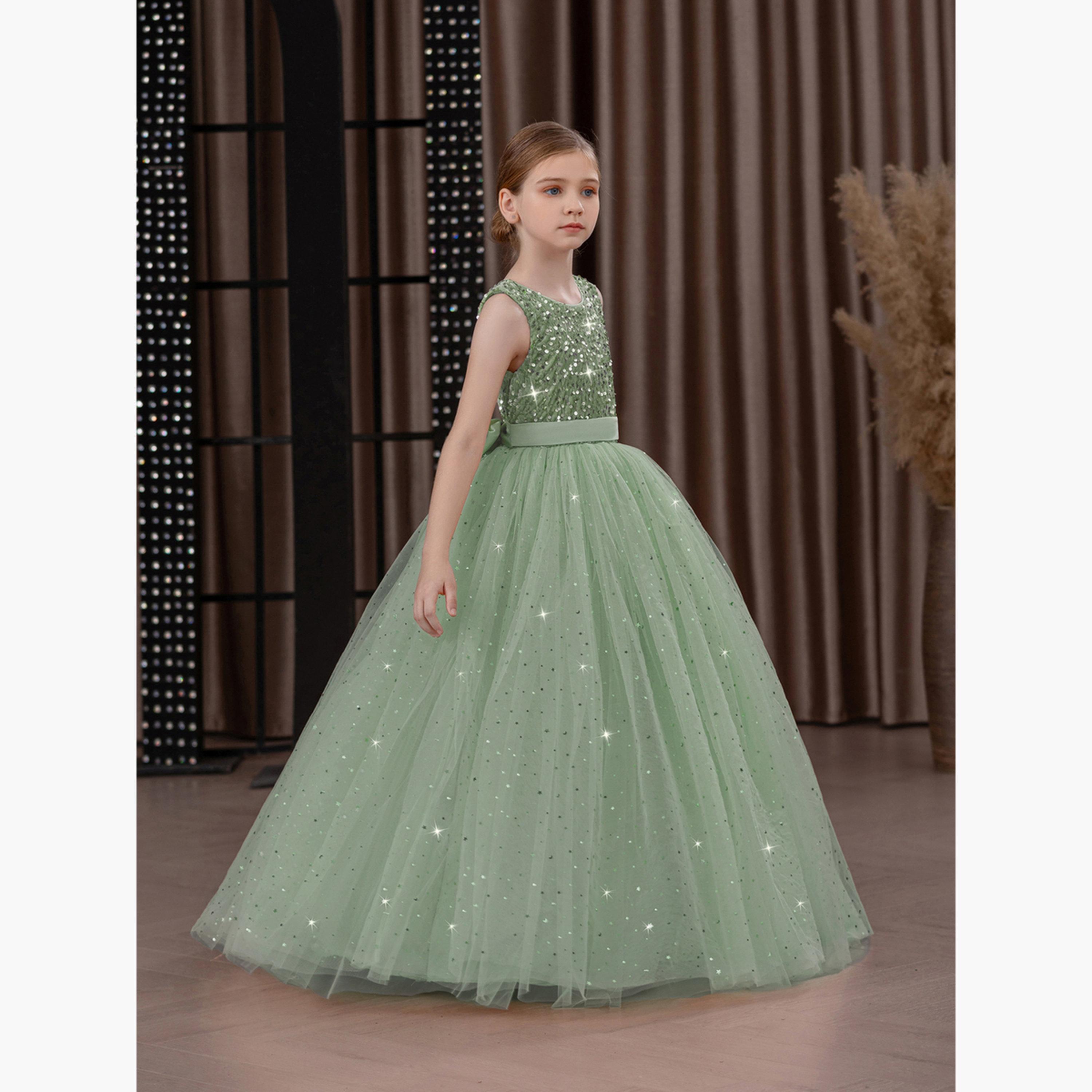 Take Two Girls Green Embellished Sleeveless Maxi Dress-girls-clothing-dressesandjumpsuits-image-3