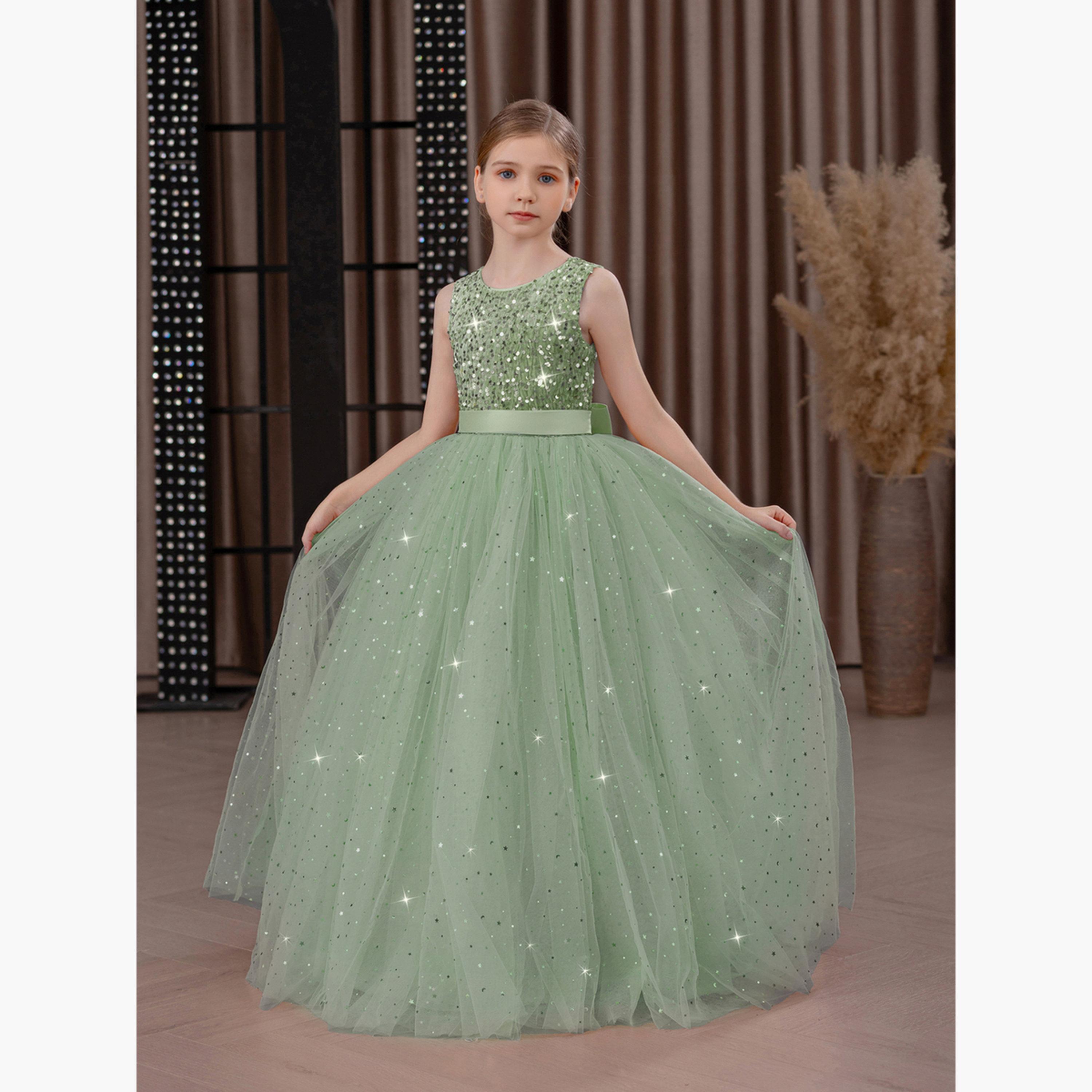 Take Two Girls Green Embellished Sleeveless Maxi Dress-girls-clothing-dressesandjumpsuits-image-4