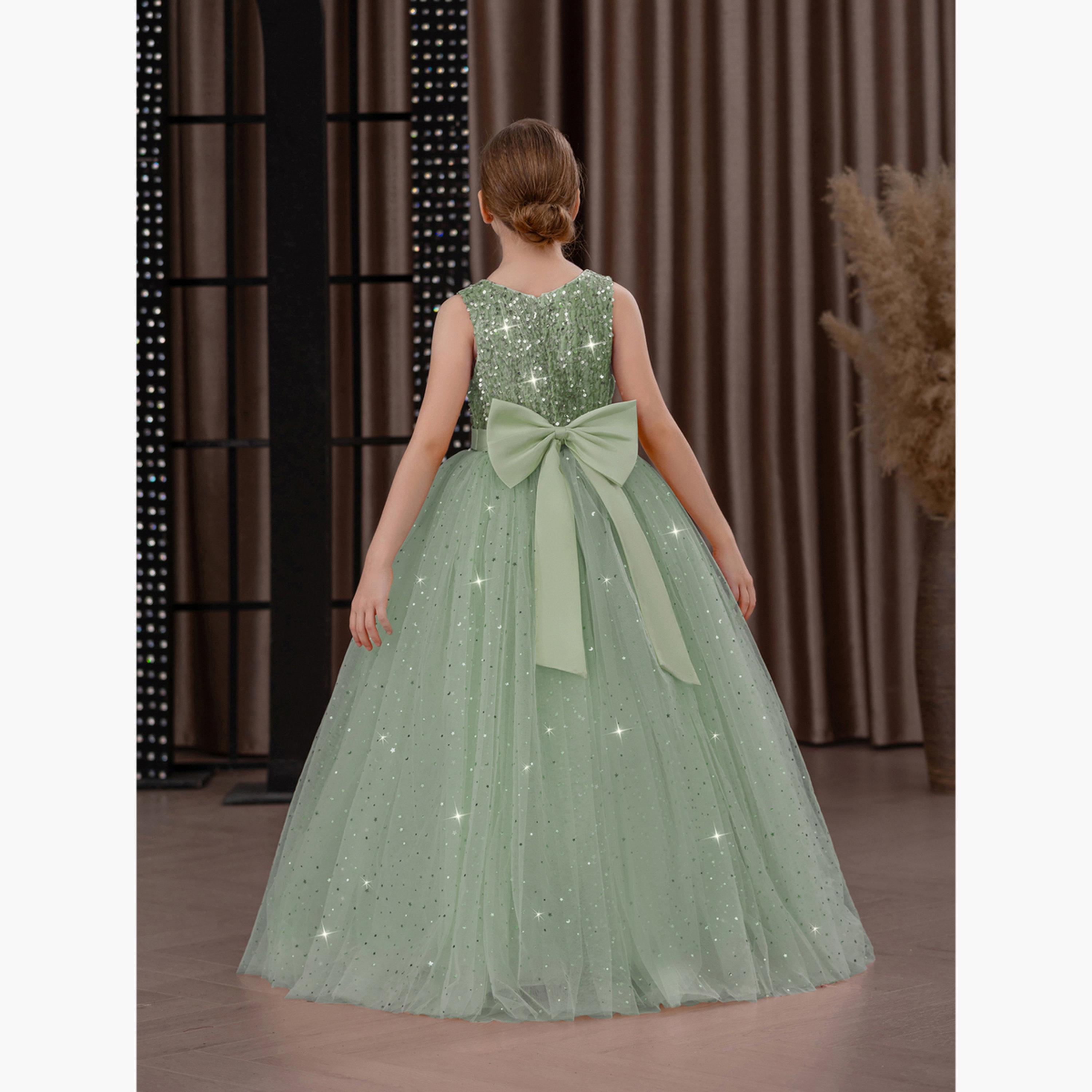 فستان طويل بناتي أخضر مزين وبلا أكمام-girls-clothing-dressesandjumpsuits-image-5