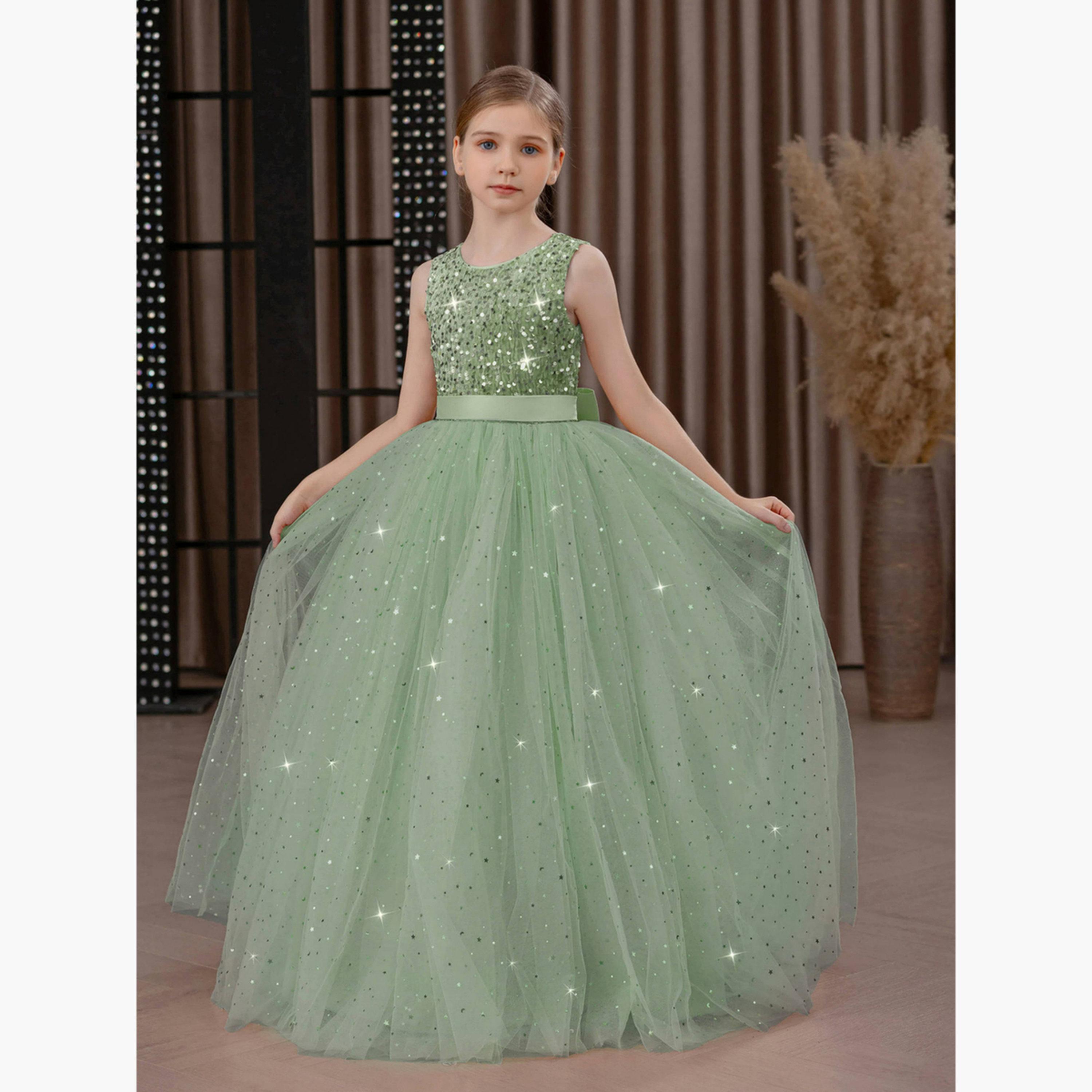 فستان طويل بناتي أخضر مزين وبلا أكمام-girls-clothing-dressesandjumpsuits-image-6