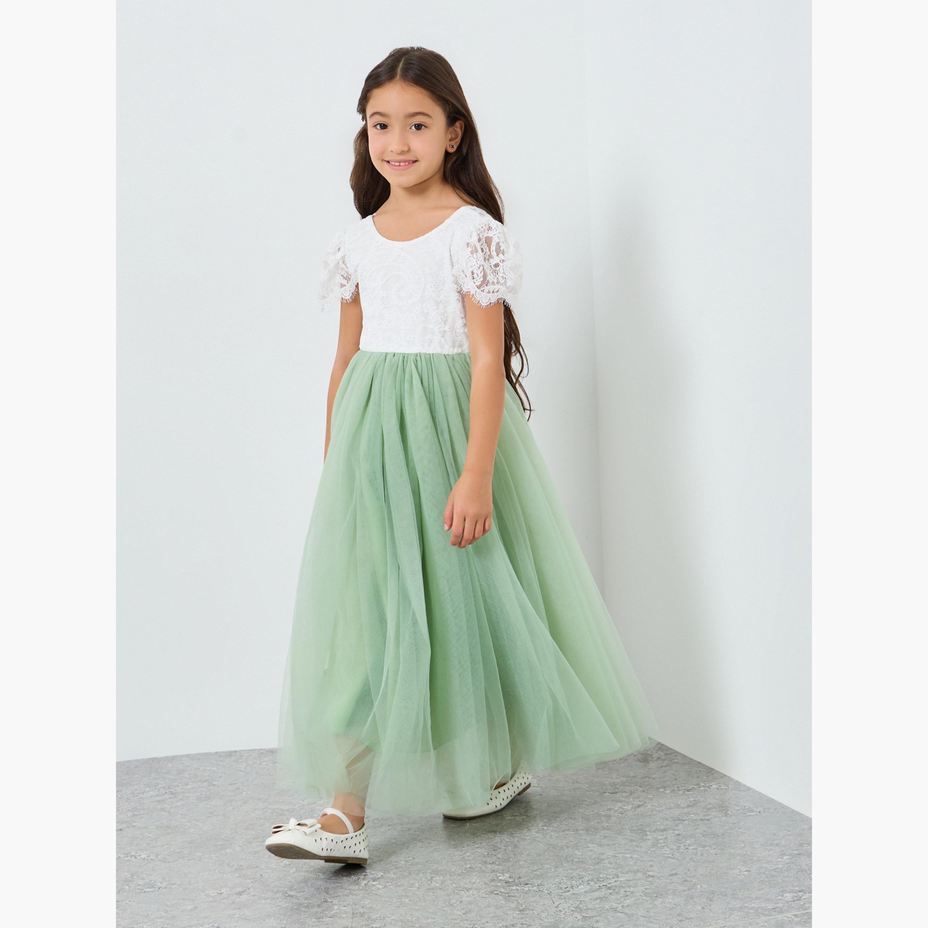 Take Two Girls Green Lace Puff Sleeve Tulle Maxi Dress-girls-clothing-dressesandjumpsuits-image-1