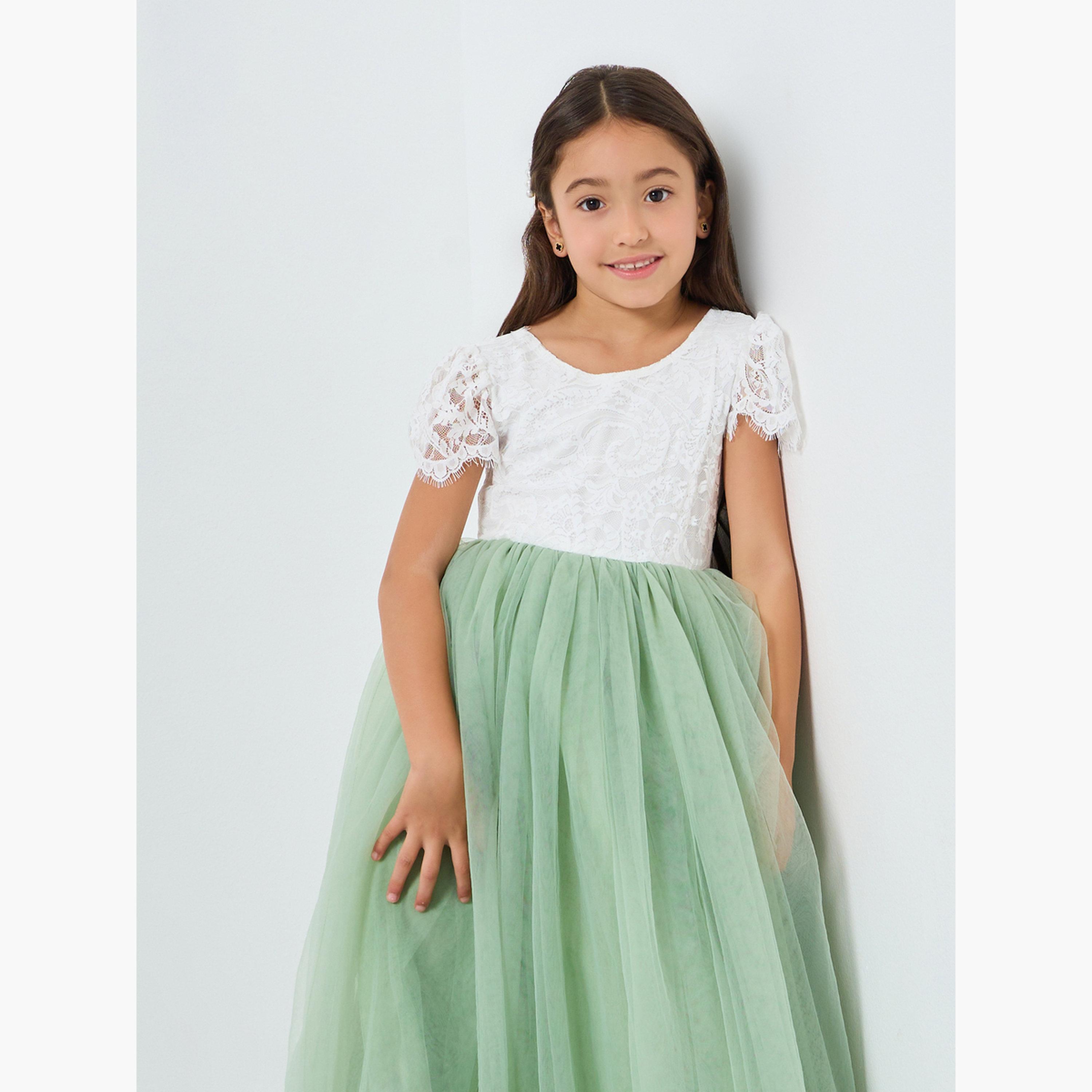 Take Two Girls Green Lace Puff Sleeve Tulle Maxi Dress-girls-clothing-dressesandjumpsuits-image-2