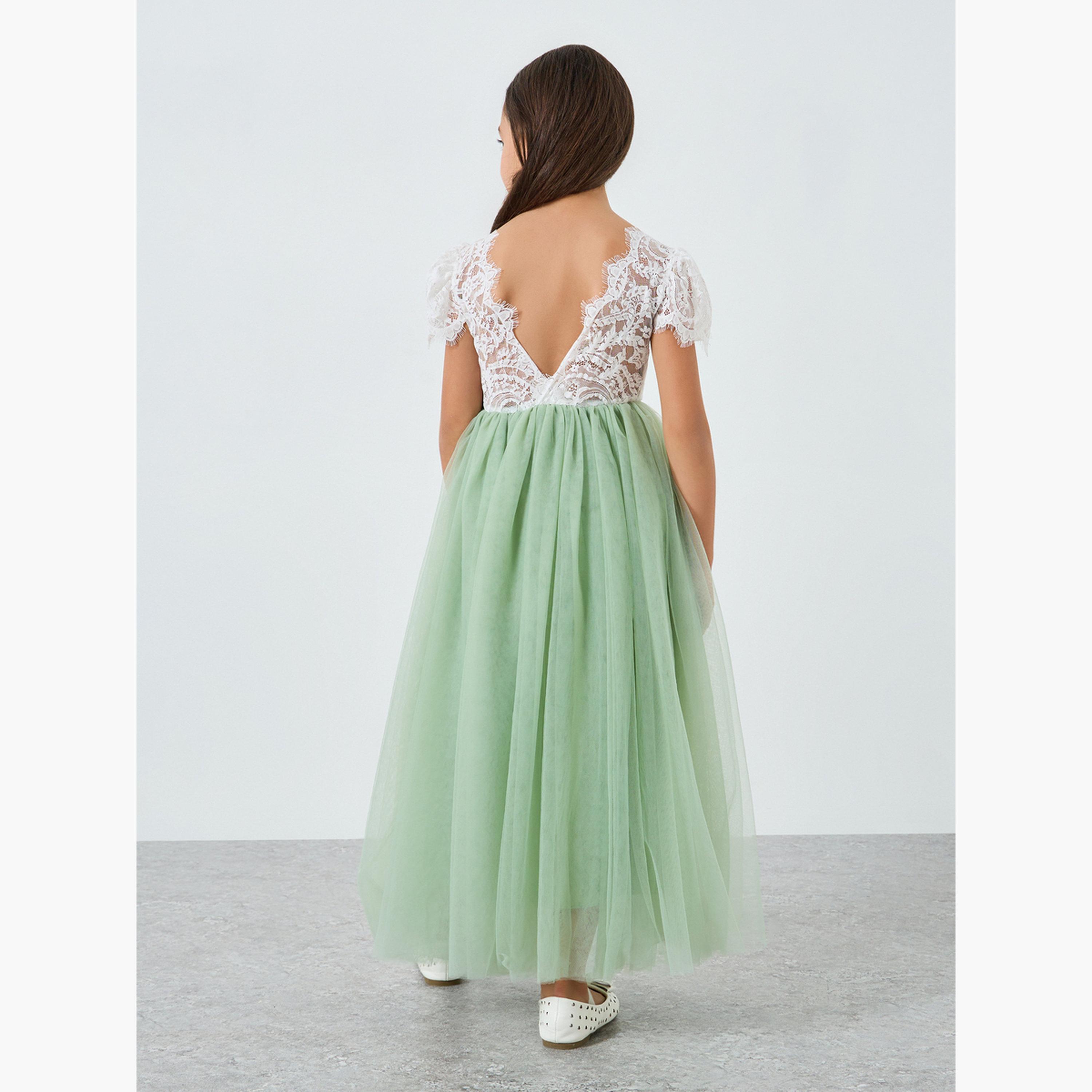 Take Two Girls Green Lace Puff Sleeve Tulle Maxi Dress-girls-clothing-dressesandjumpsuits-image-4