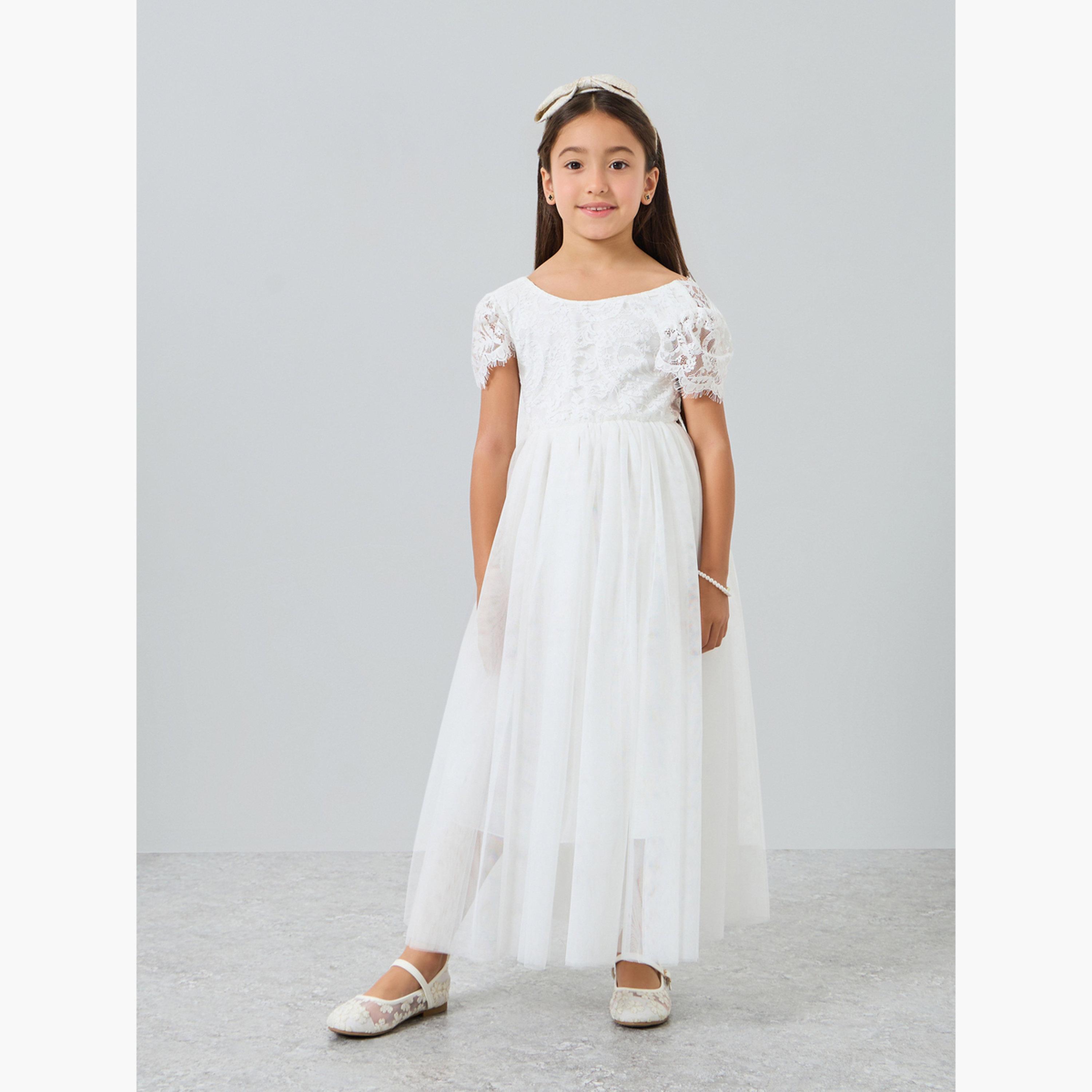 Take Two Girls White Lace Puff Sleeve Tulle Maxi Dress-girls-clothing-dressesandjumpsuits-image-1