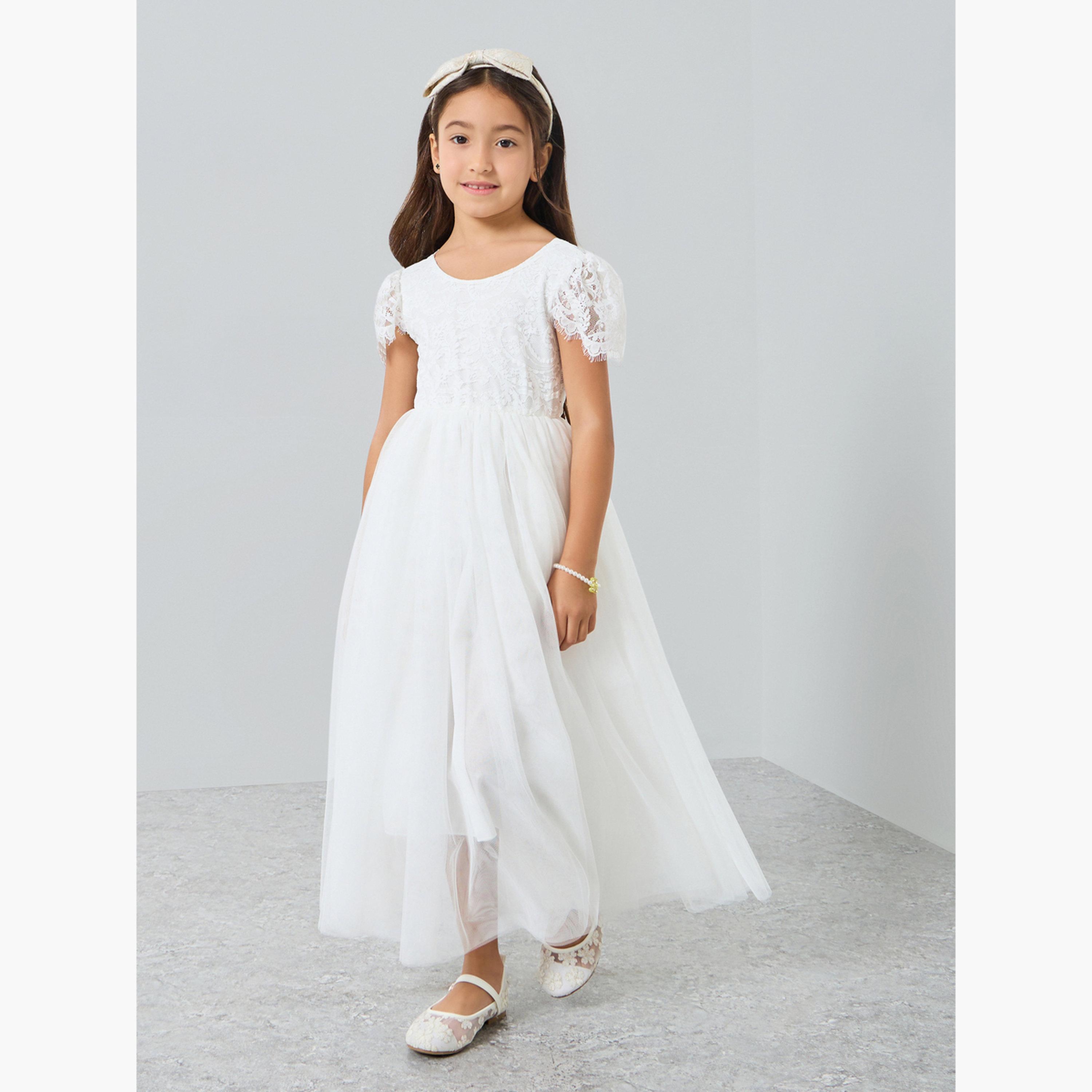 Take Two Girls White Lace Puff Sleeve Tulle Maxi Dress-girls-clothing-dressesandjumpsuits-image-2