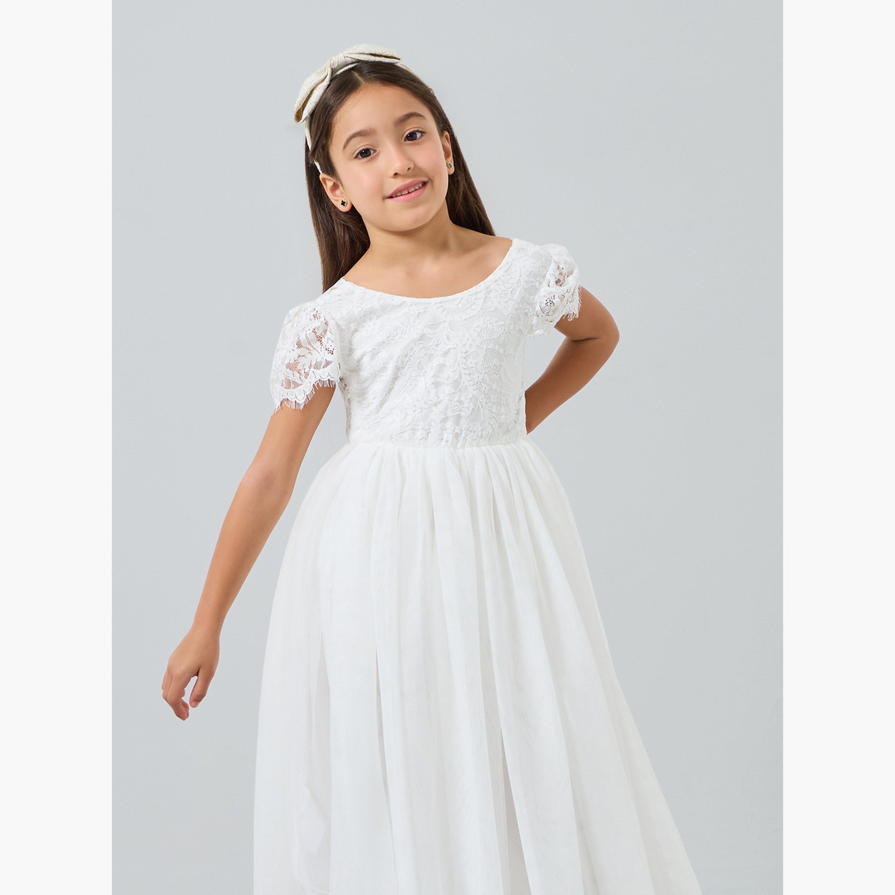 Take Two Girls White Lace Puff Sleeve Tulle Maxi Dress-girls-clothing-dressesandjumpsuits-image-3