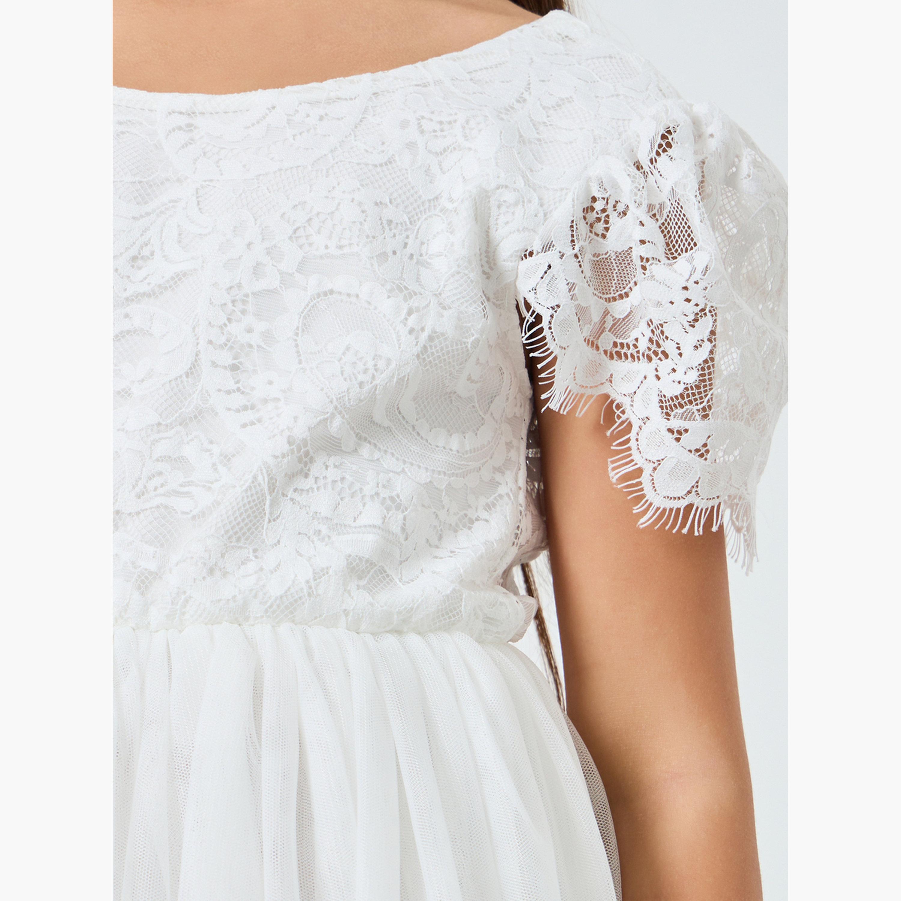 Take Two Girls White Lace Puff Sleeve Tulle Maxi Dress-girls-clothing-dressesandjumpsuits-image-4