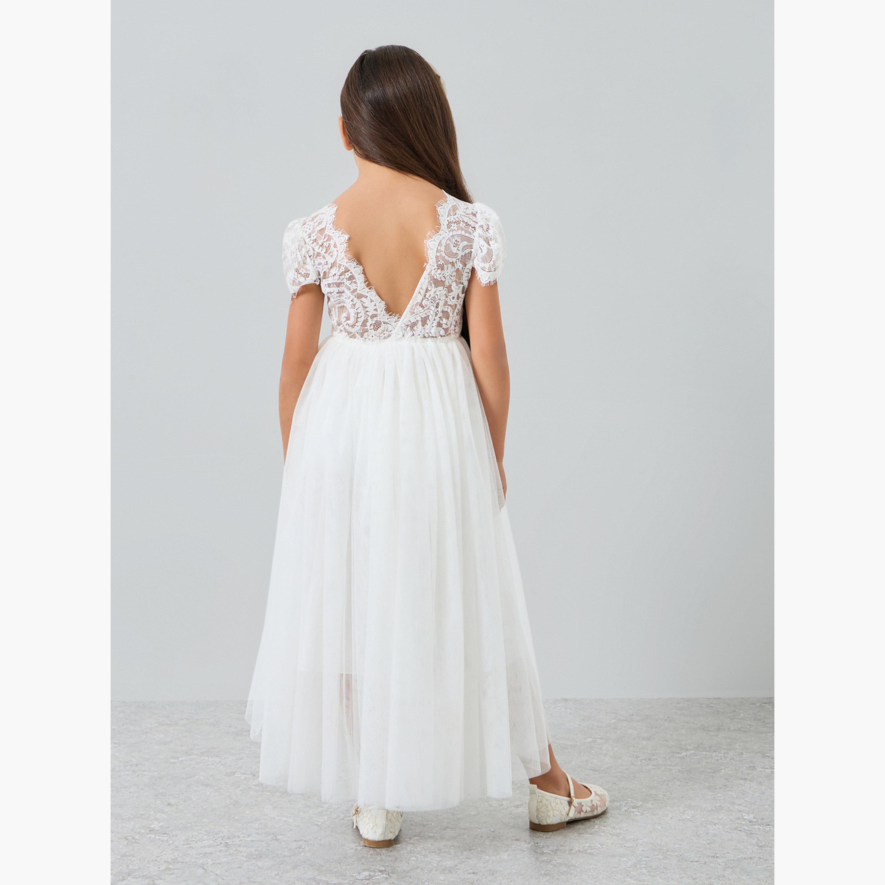 Take Two Girls White Lace Puff Sleeve Tulle Maxi Dress-girls-clothing-dressesandjumpsuits-image-5