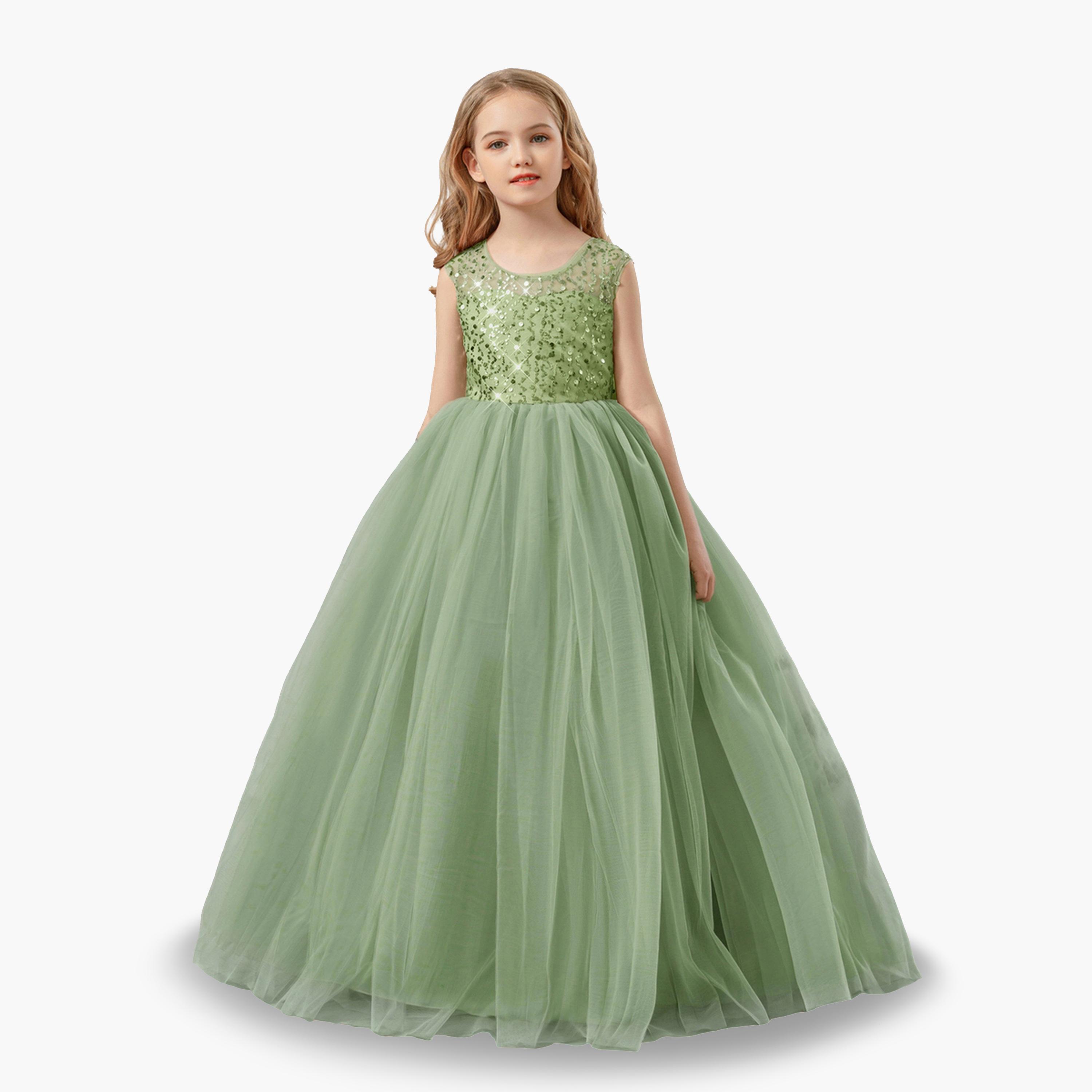 فستان طويل بناتي أخضر مزين وبلا أكمام-girls-clothing-dressesandjumpsuits-image-1