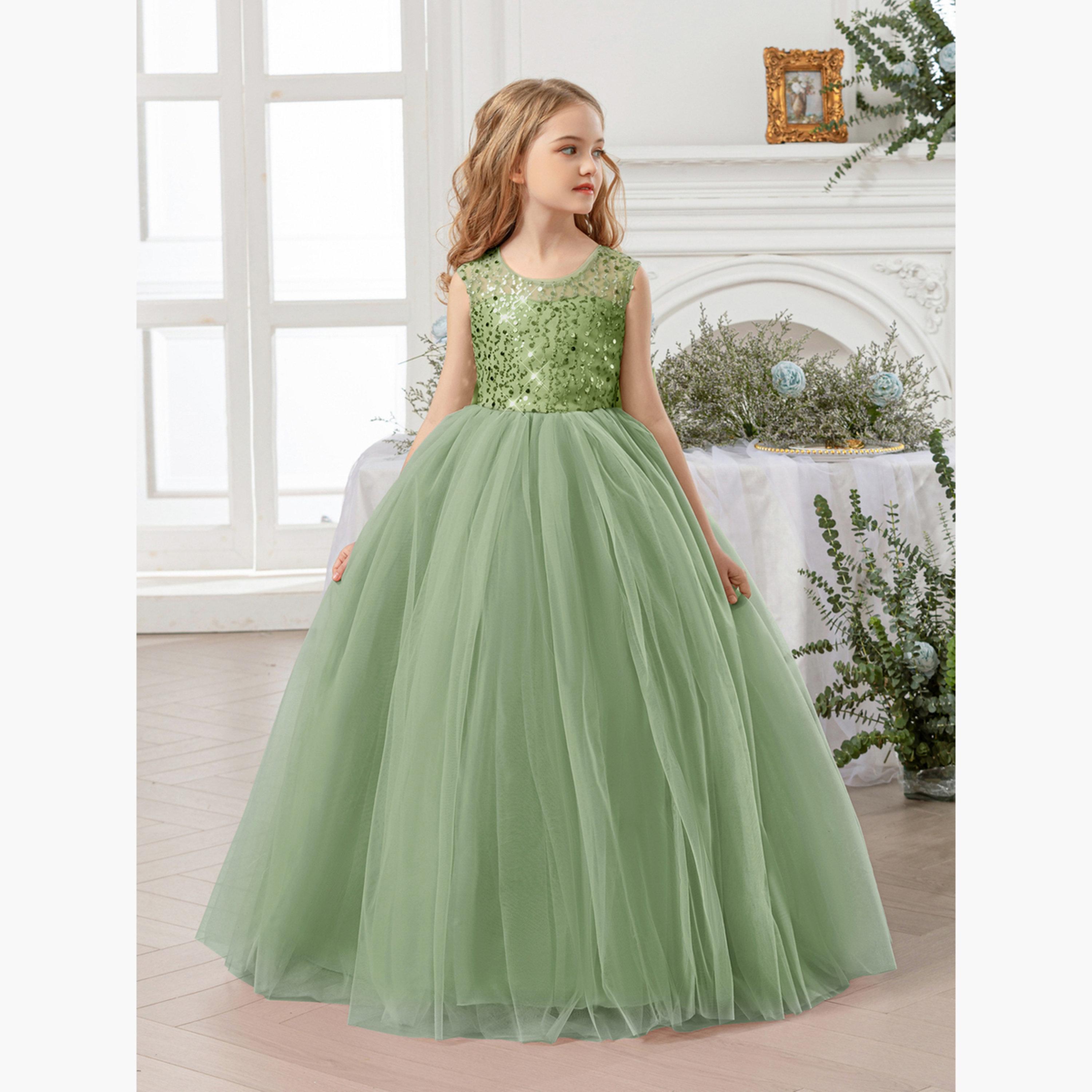 فستان طويل بناتي أخضر مزين وبلا أكمام-girls-clothing-dressesandjumpsuits-image-2
