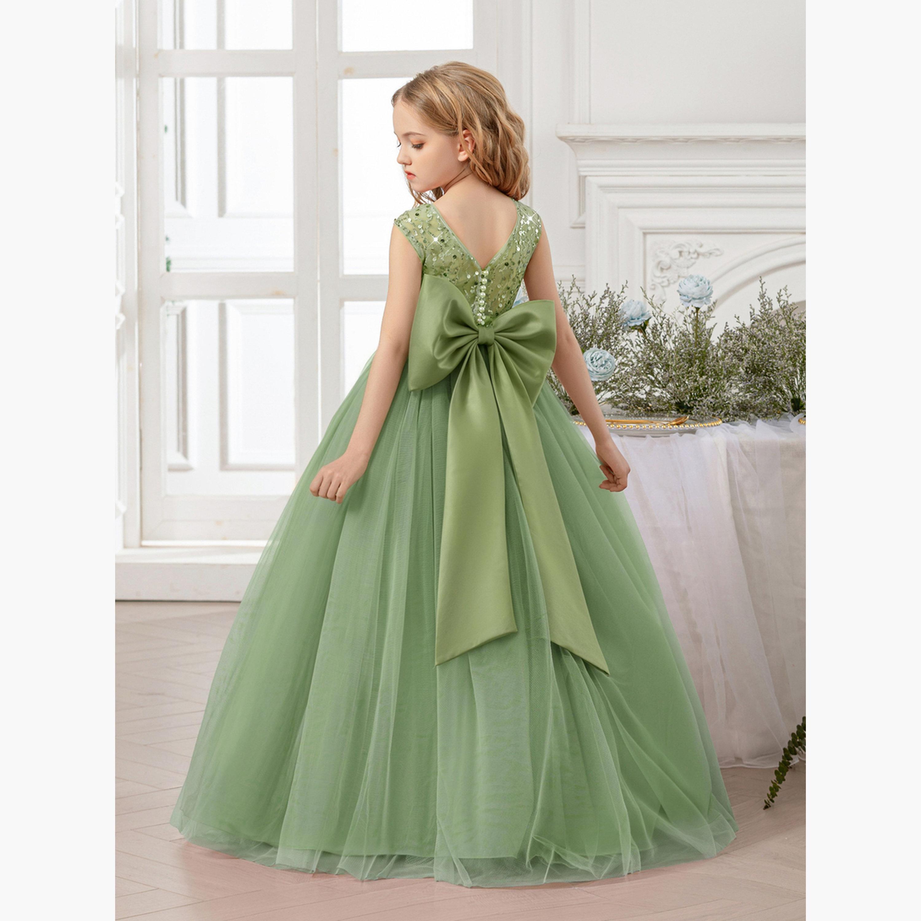فستان طويل بناتي أخضر مزين وبلا أكمام-girls-clothing-dressesandjumpsuits-image-3