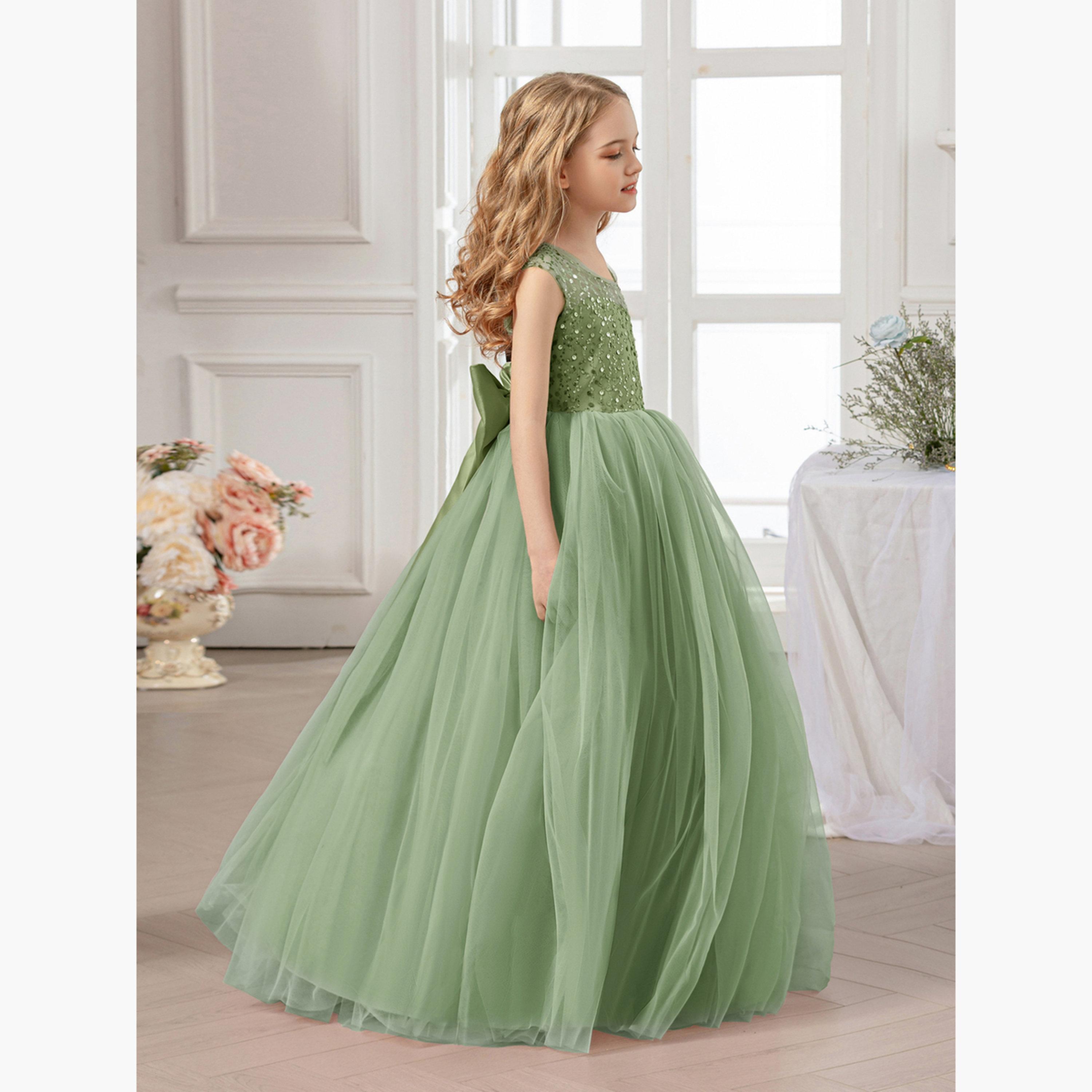 فستان طويل بناتي أخضر مزين وبلا أكمام-girls-clothing-dressesandjumpsuits-image-4