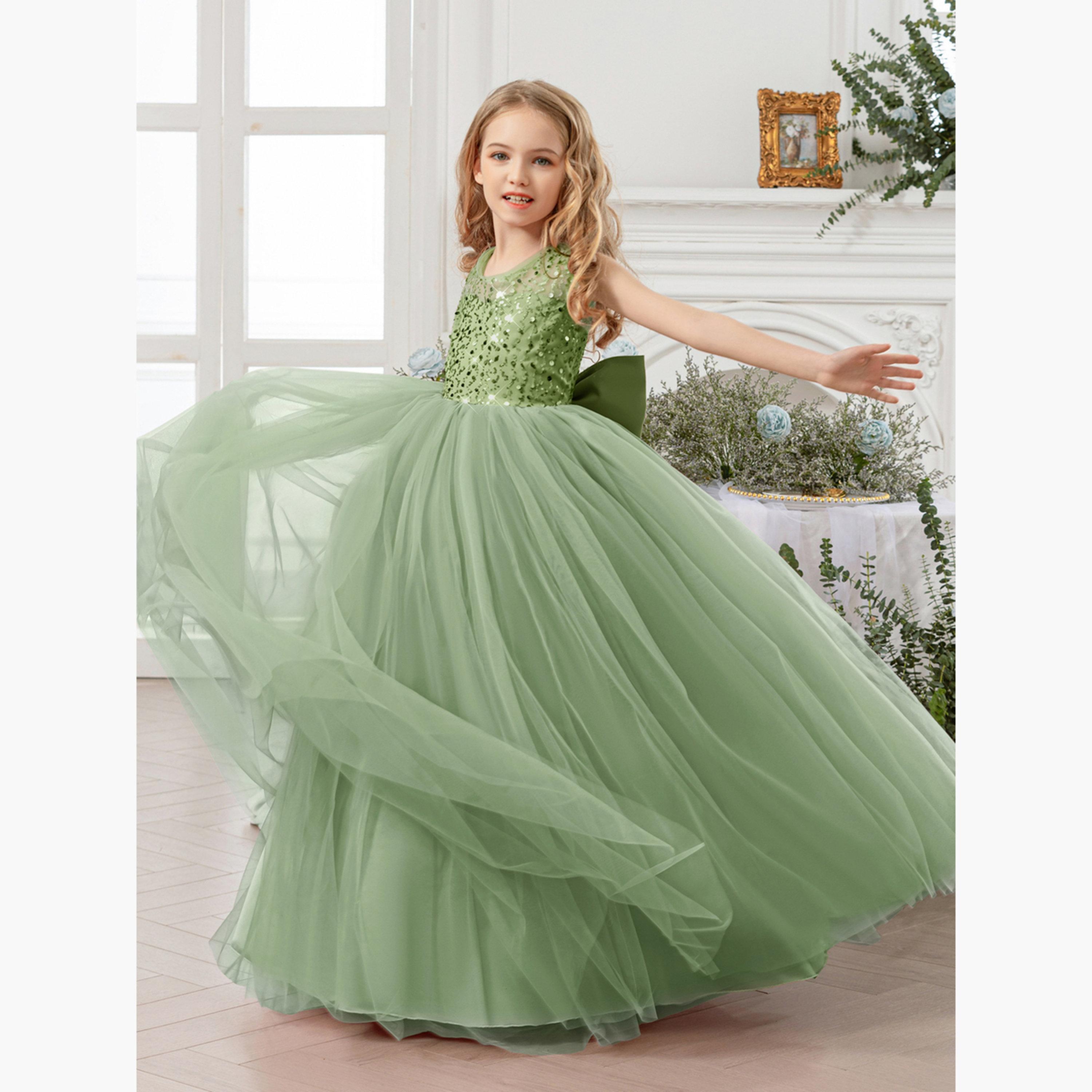 فستان طويل بناتي أخضر مزين وبلا أكمام-girls-clothing-dressesandjumpsuits-image-5