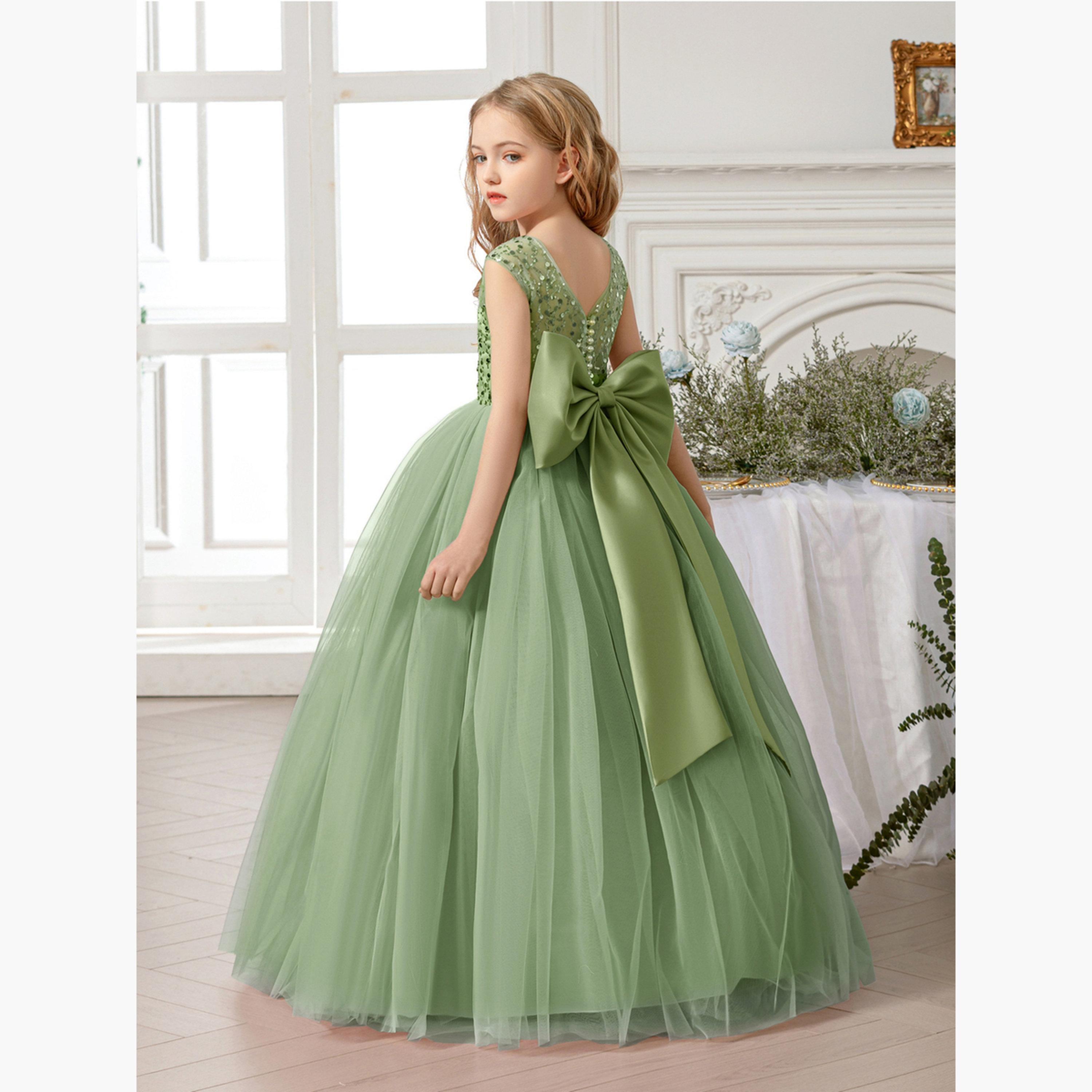 فستان طويل بناتي أخضر مزين وبلا أكمام-girls-clothing-dressesandjumpsuits-image-6