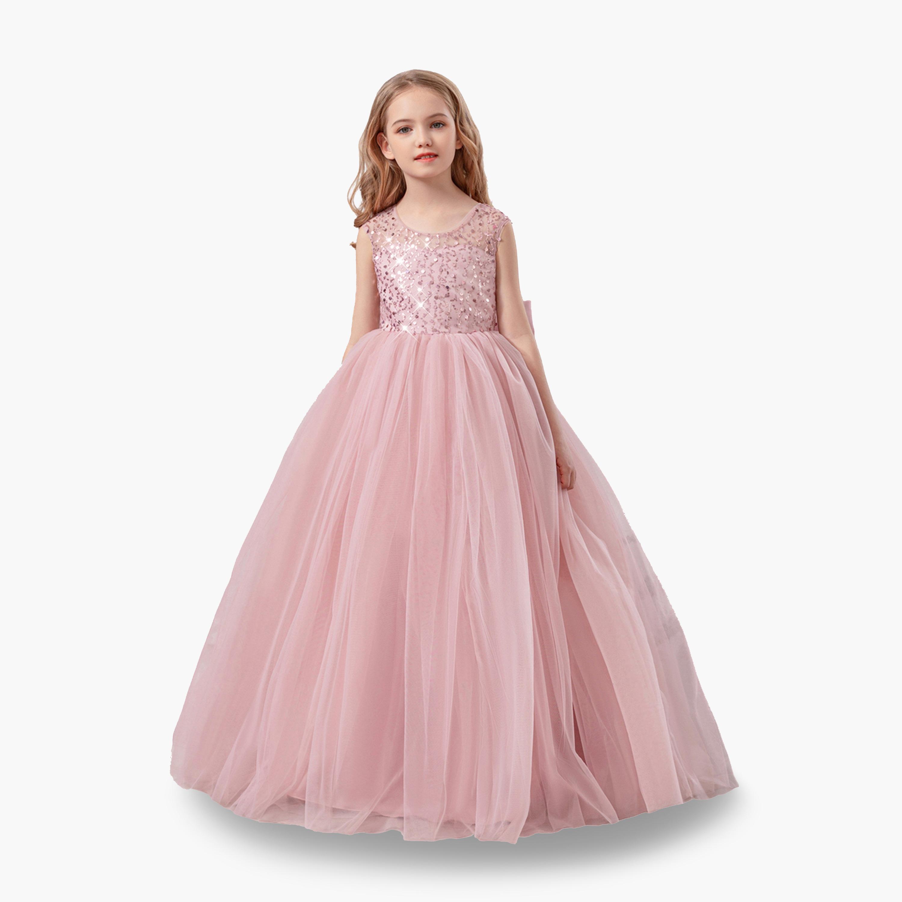 فستان طويل بناتي وردي مزين وبلا أكمام-girls-clothing-dressesandjumpsuits-image-1