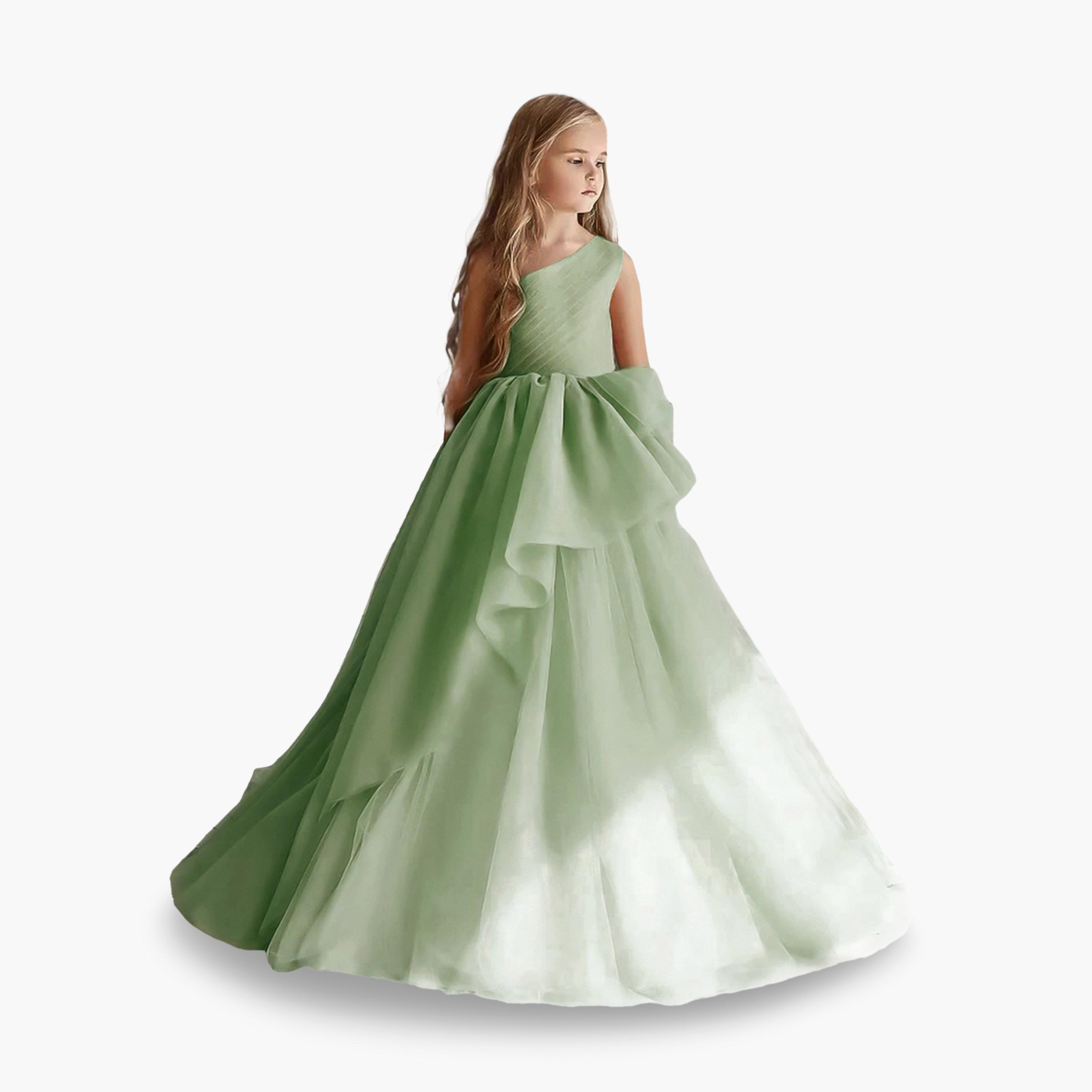 فستان طويل بناتي شبكي أخضر بكتف واحد-girls-clothing-dressesandjumpsuits-image-1