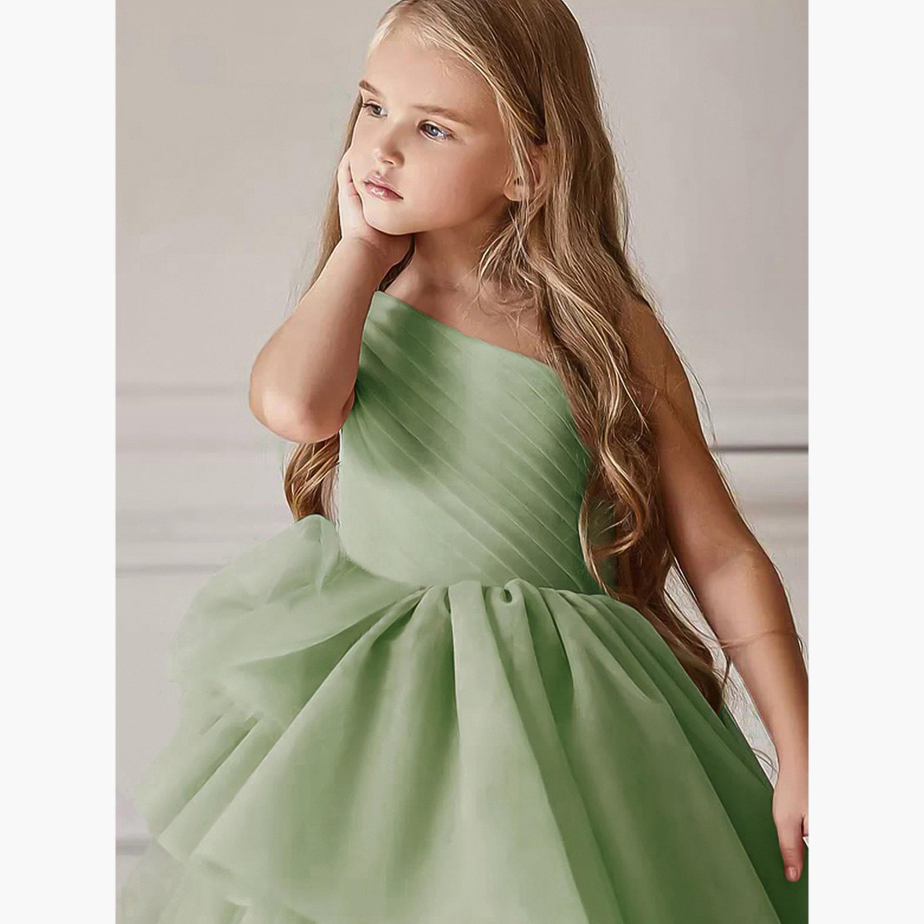 فستان طويل بناتي شبكي أخضر بكتف واحد-girls-clothing-dressesandjumpsuits-image-4