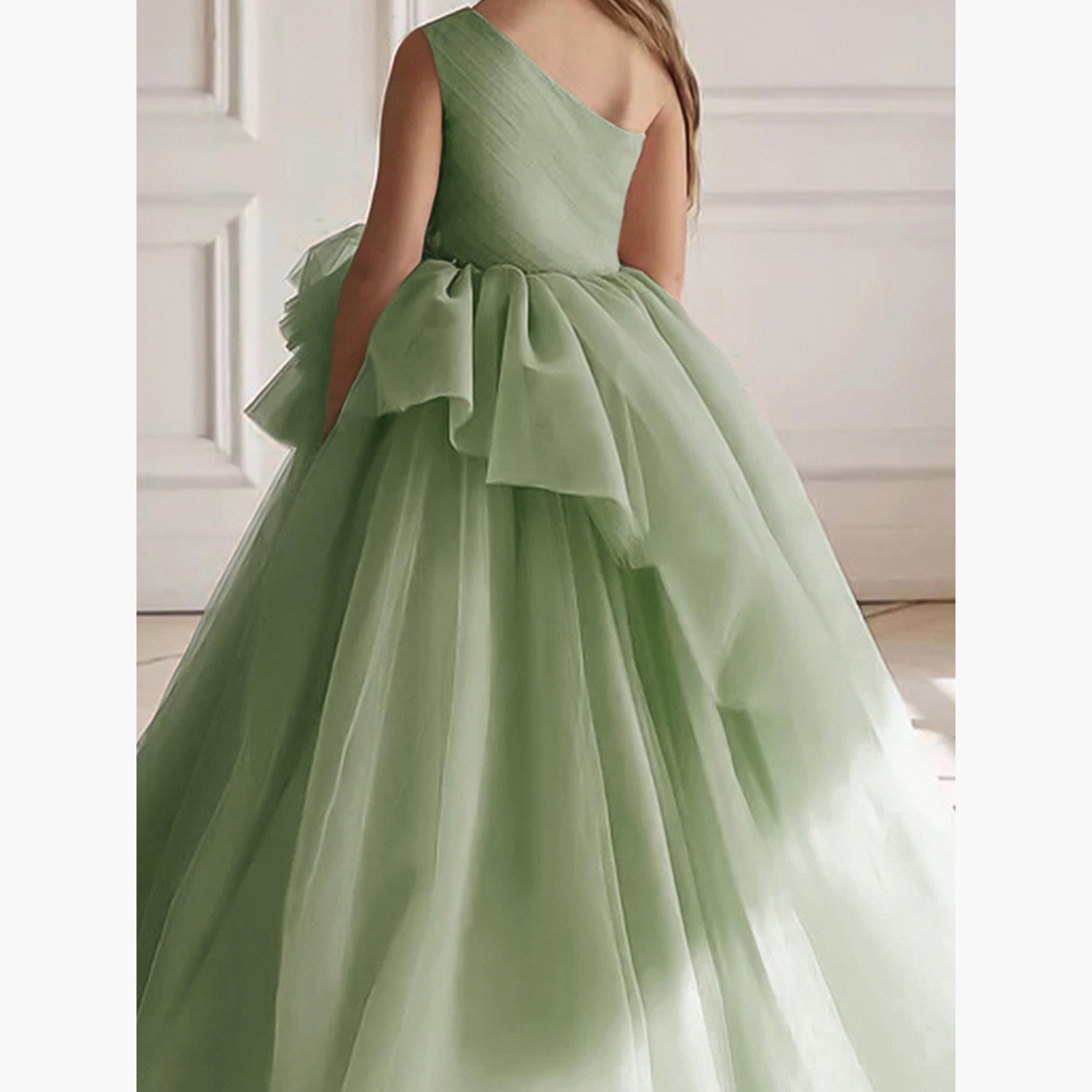 فستان طويل بناتي شبكي أخضر بكتف واحد-girls-clothing-dressesandjumpsuits-image-5