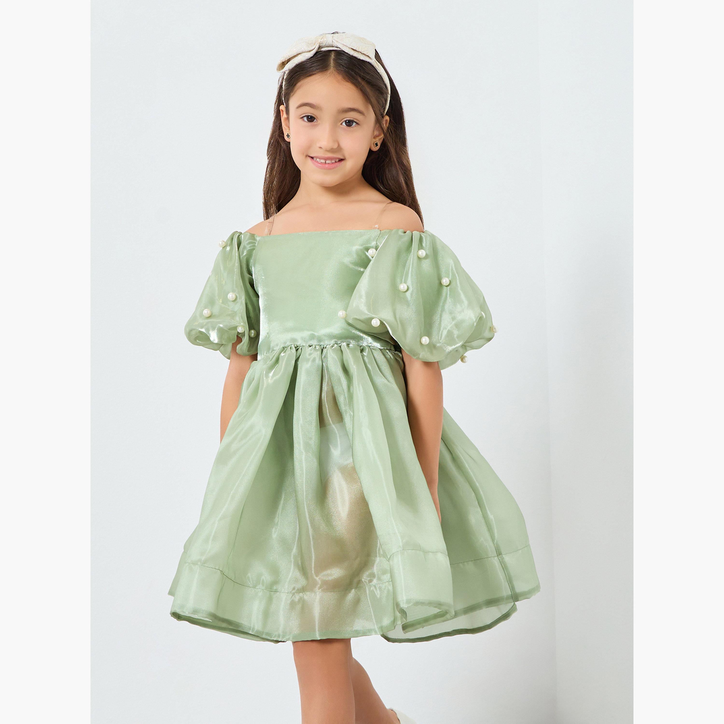 فستان أخضر مزين بلؤلؤ صناعي وأكمام منفوخة-girls-clothing-dressesandjumpsuits-image-1