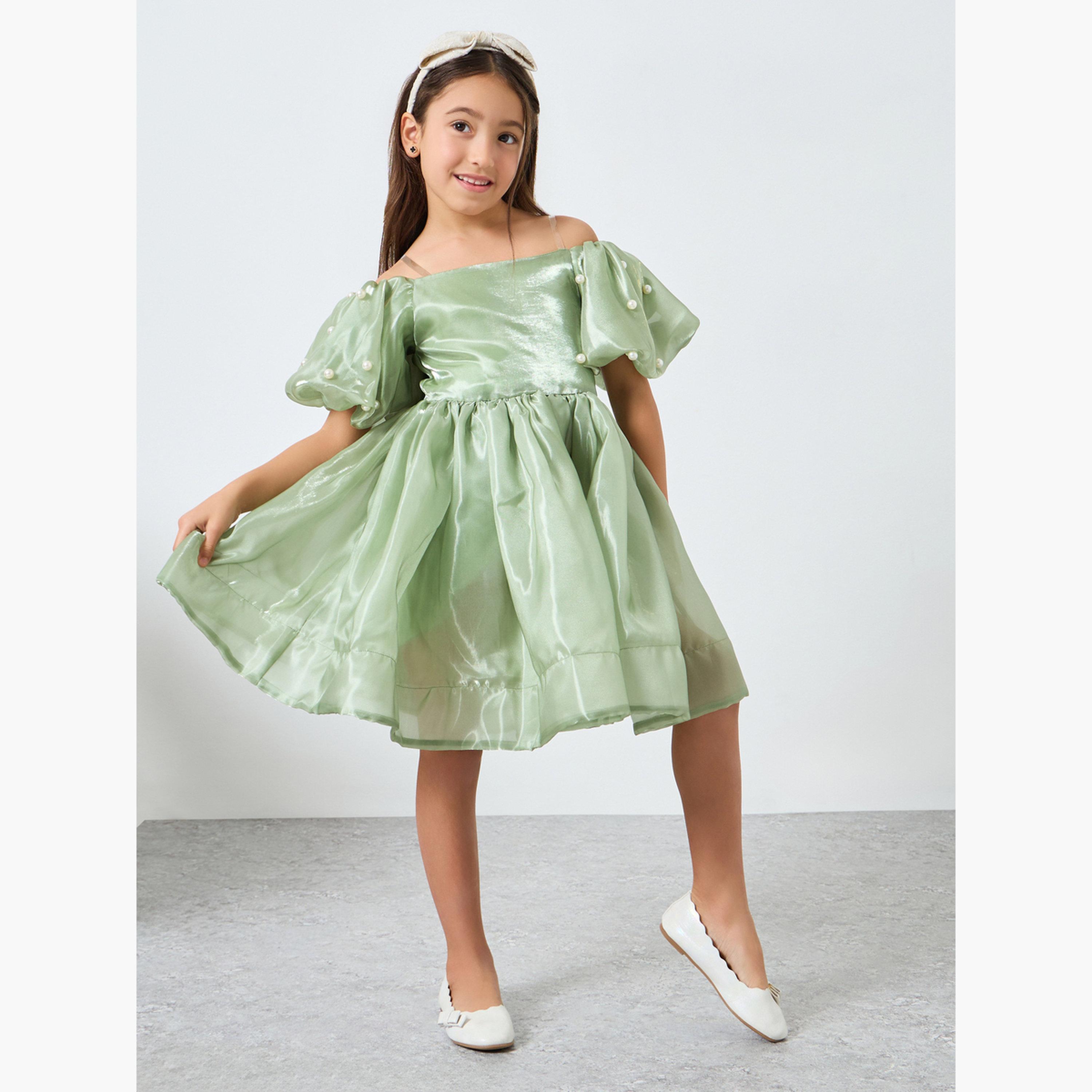 فستان أخضر مزين بلؤلؤ صناعي وأكمام منفوخة-girls-clothing-dressesandjumpsuits-image-2