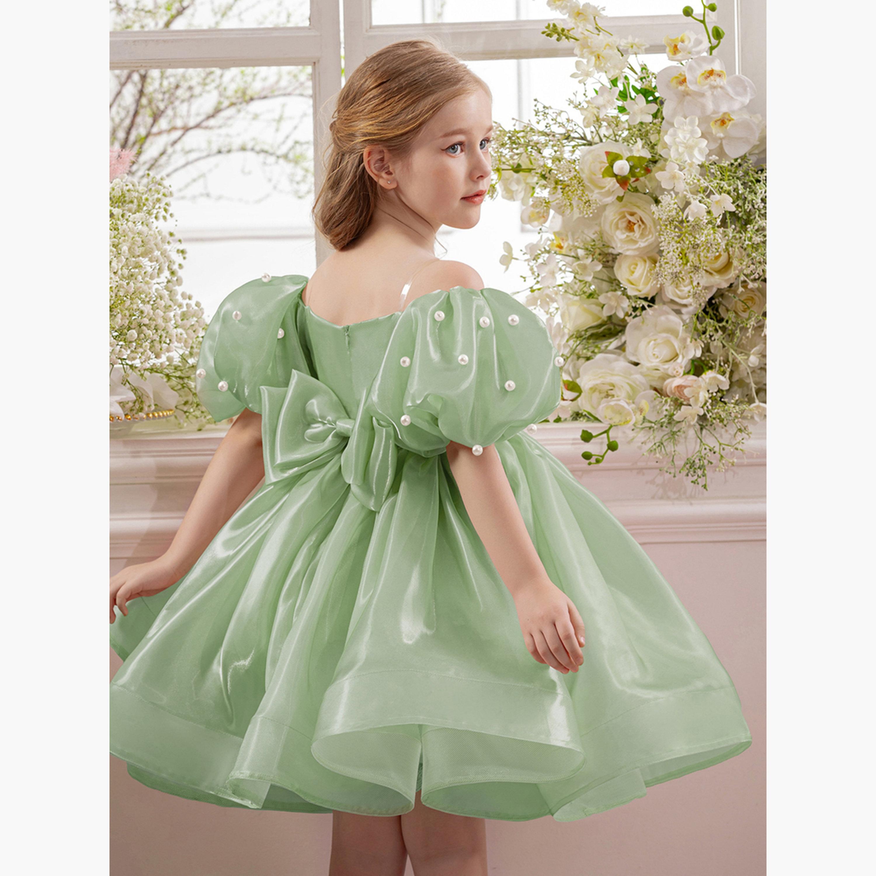 فستان أخضر مزين بلؤلؤ صناعي وأكمام منفوخة-girls-clothing-dressesandjumpsuits-image-3