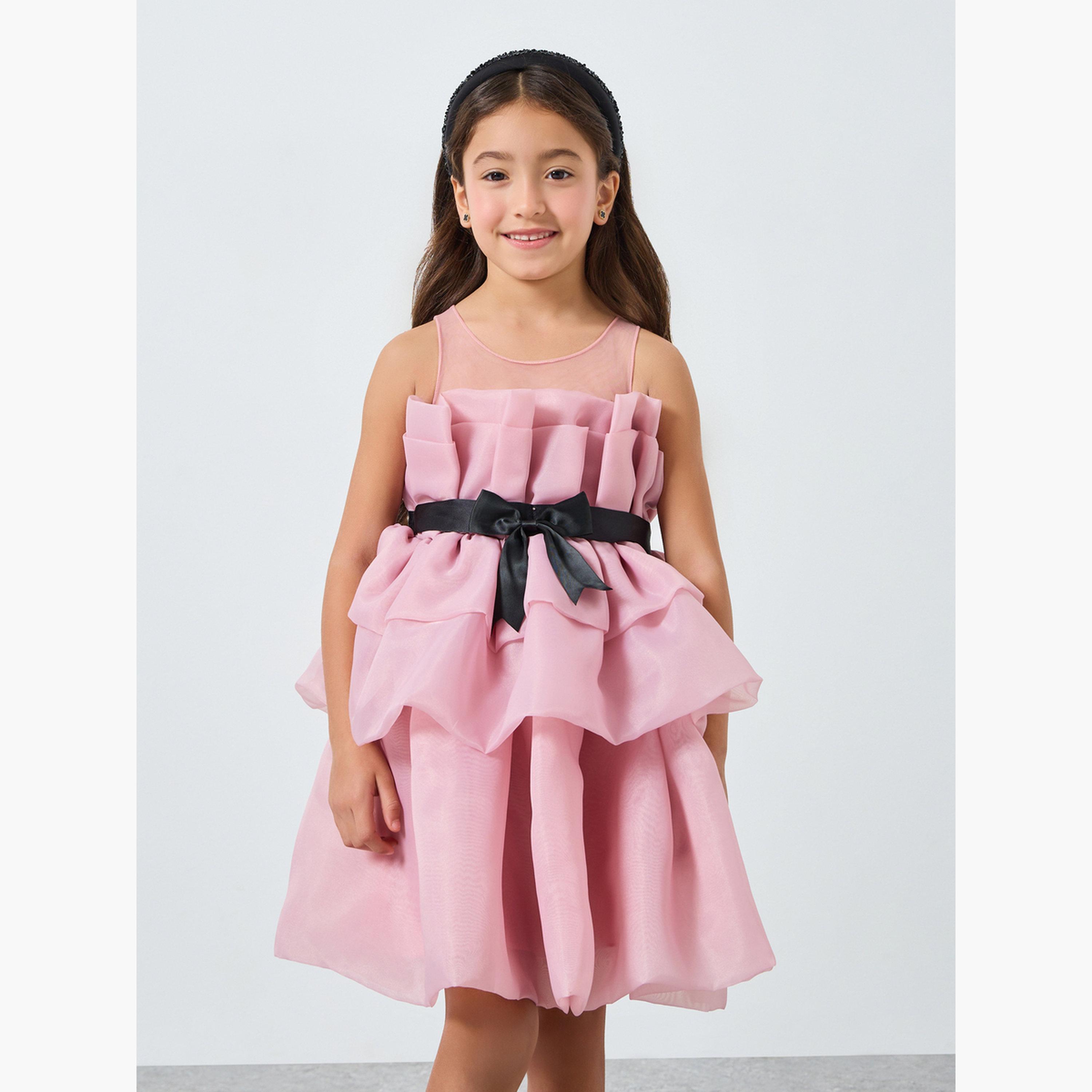 فستان وردي بطبقات مكشكشة وتفاصيل فيونكة-girls-clothing-dressesandjumpsuits-image-1