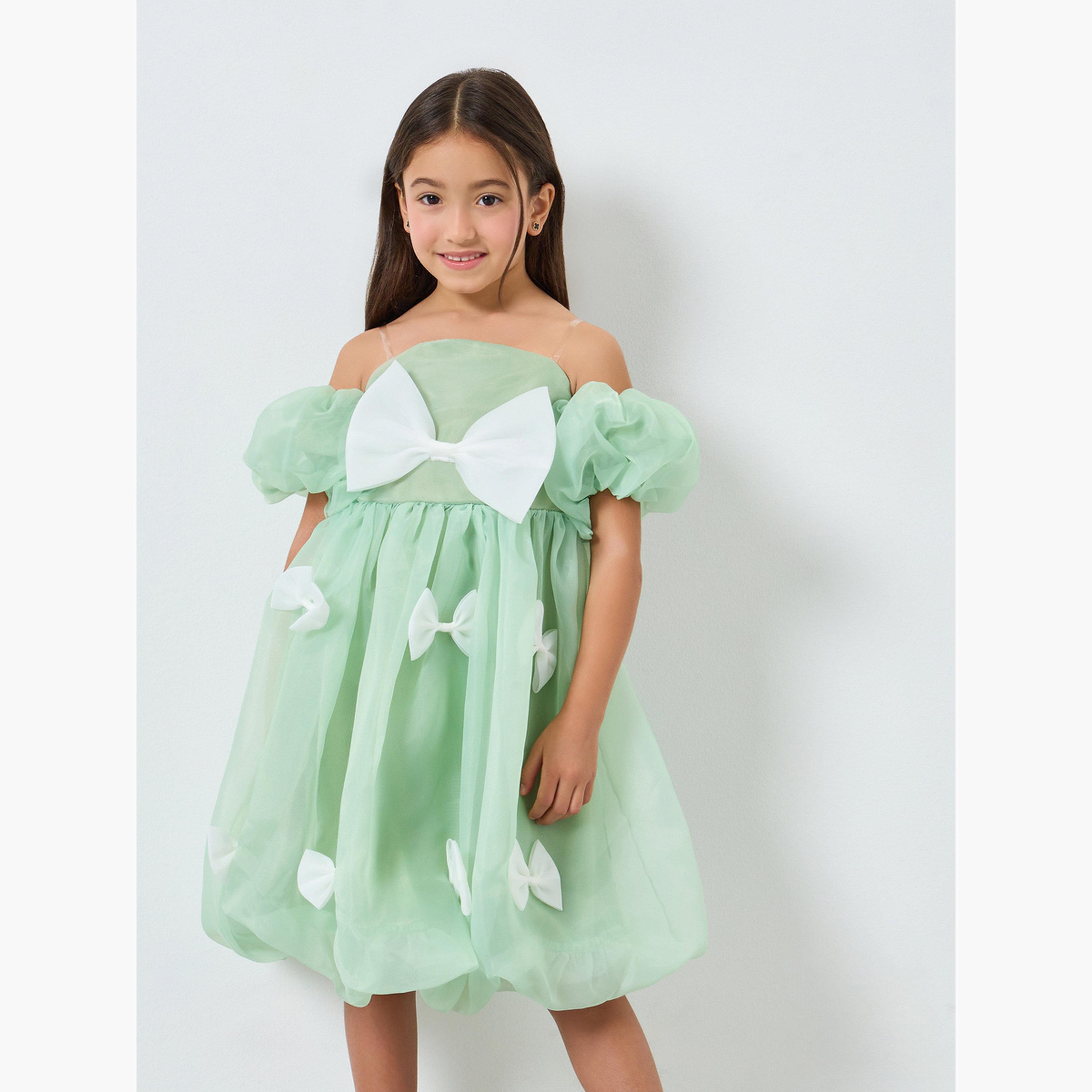 فستان أخضر بأكمام منفوخة وتفاصيل فيونكة-girls-clothing-dressesandjumpsuits-image-1