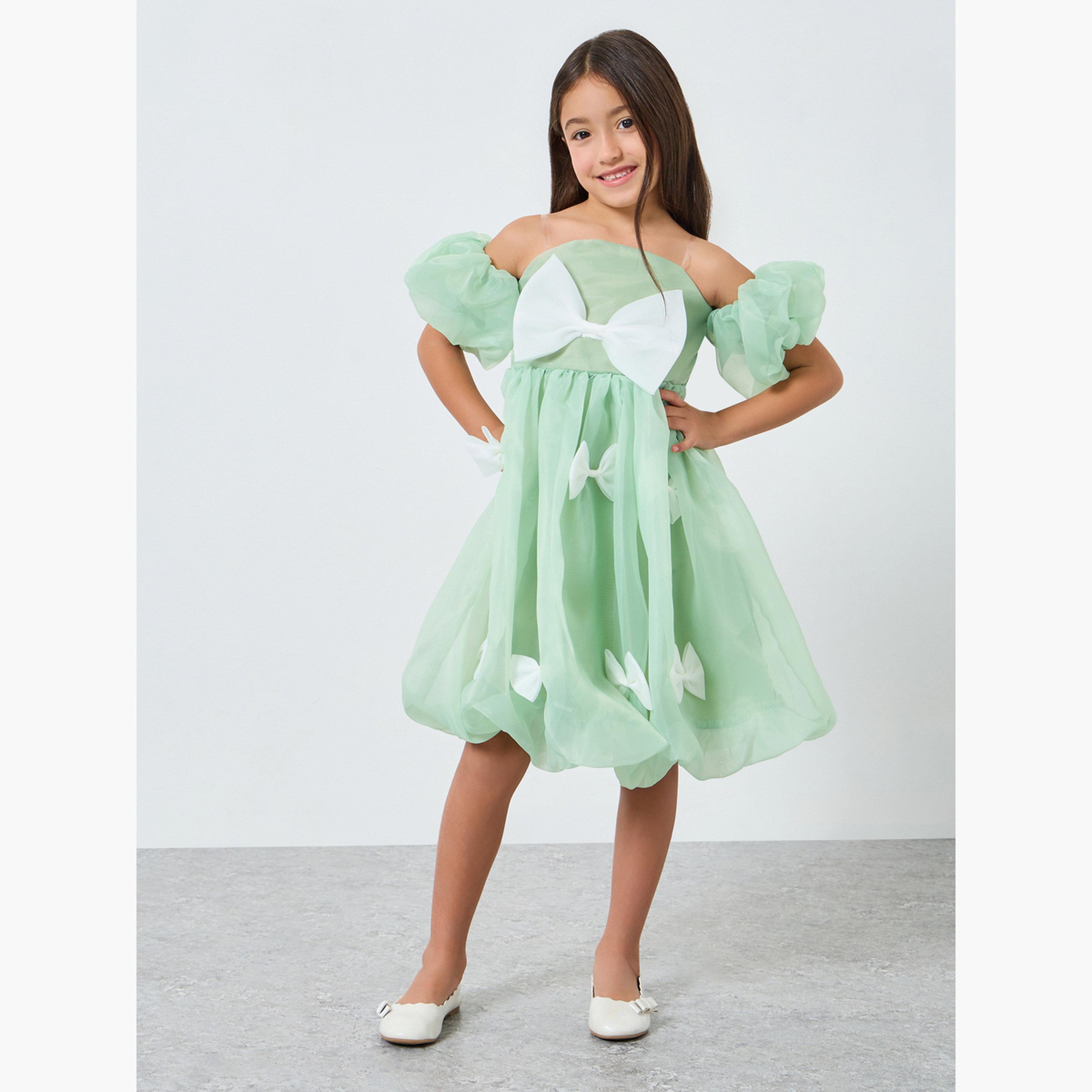 Take Two Girls Green Puff Sleeve Bow Detail Dress-girls-clothing-dressesandjumpsuits-image-2