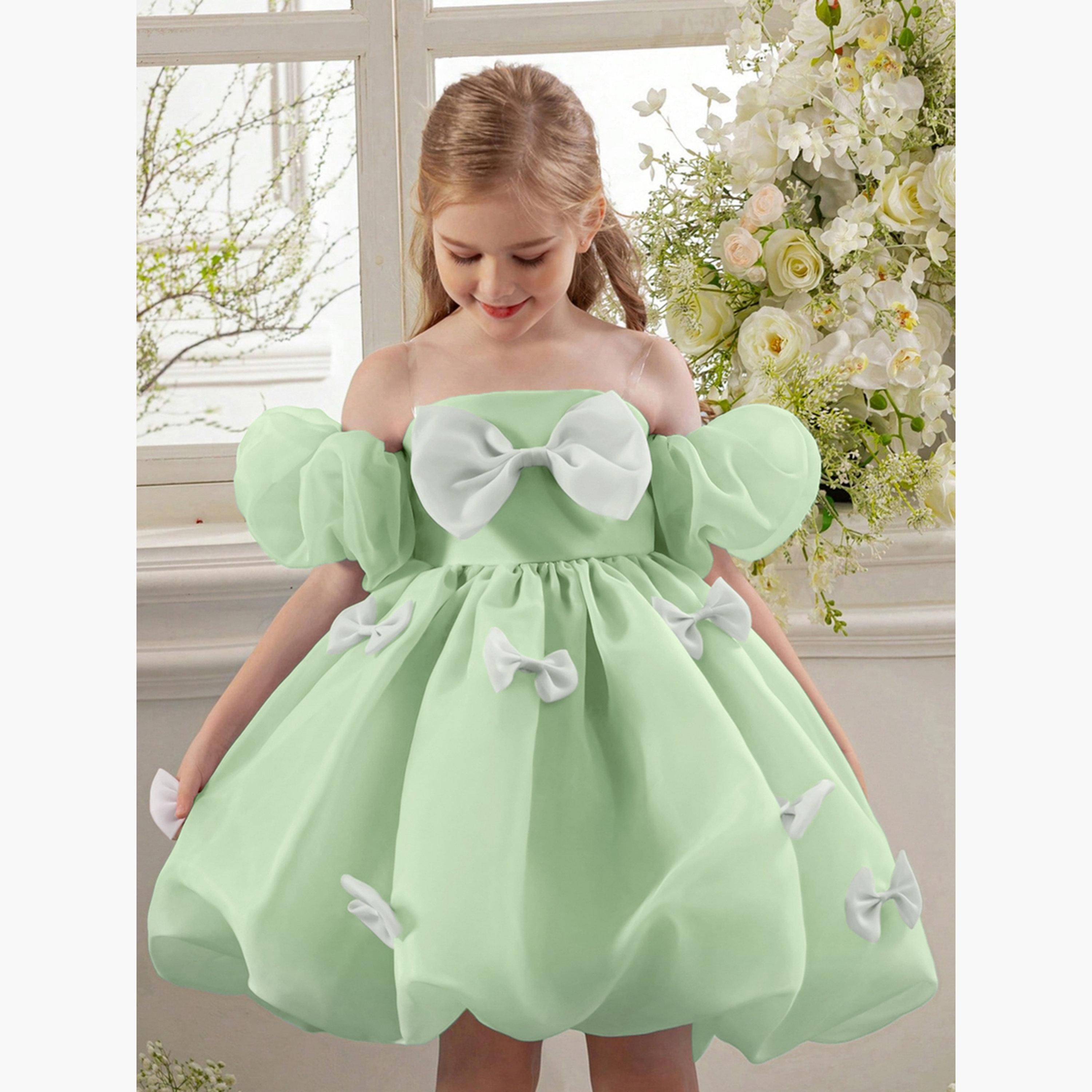 Take Two Girls Green Puff Sleeve Bow Detail Dress-girls-clothing-dressesandjumpsuits-image-3
