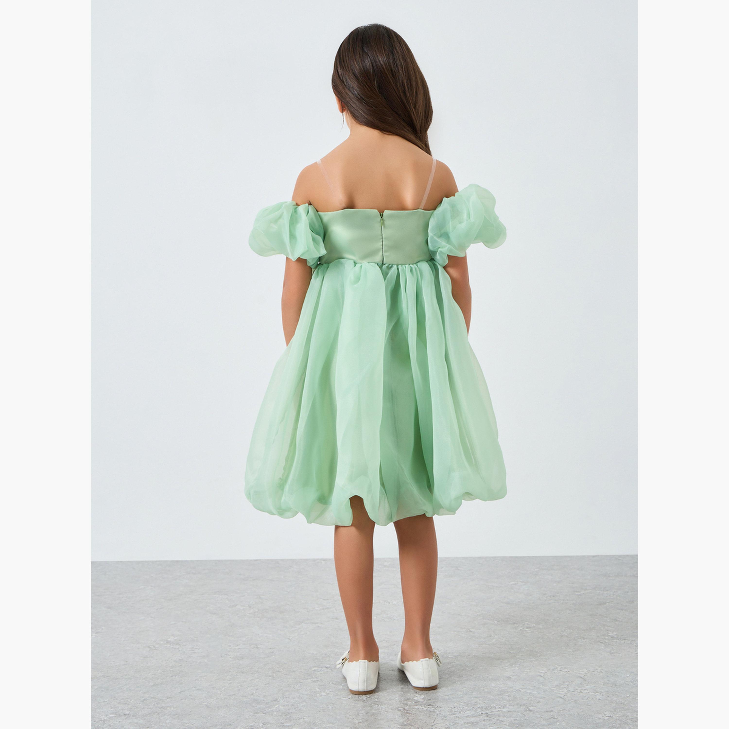 فستان أخضر بأكمام منفوخة وتفاصيل فيونكة-girls-clothing-dressesandjumpsuits-image-6