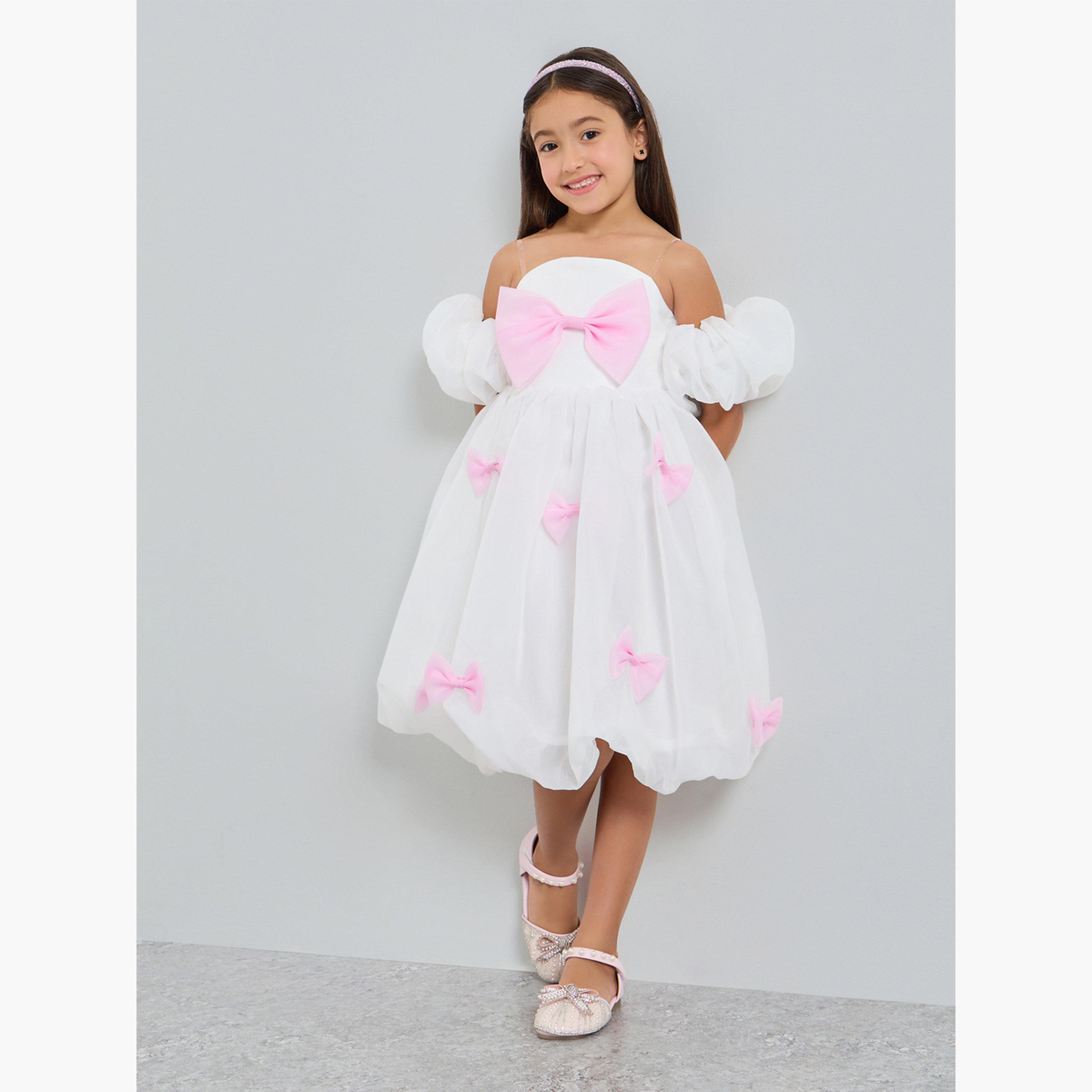 Take Two Girls White Puff Sleeve Bow Detail Dress-girls-clothing-dressesandjumpsuits-image-1