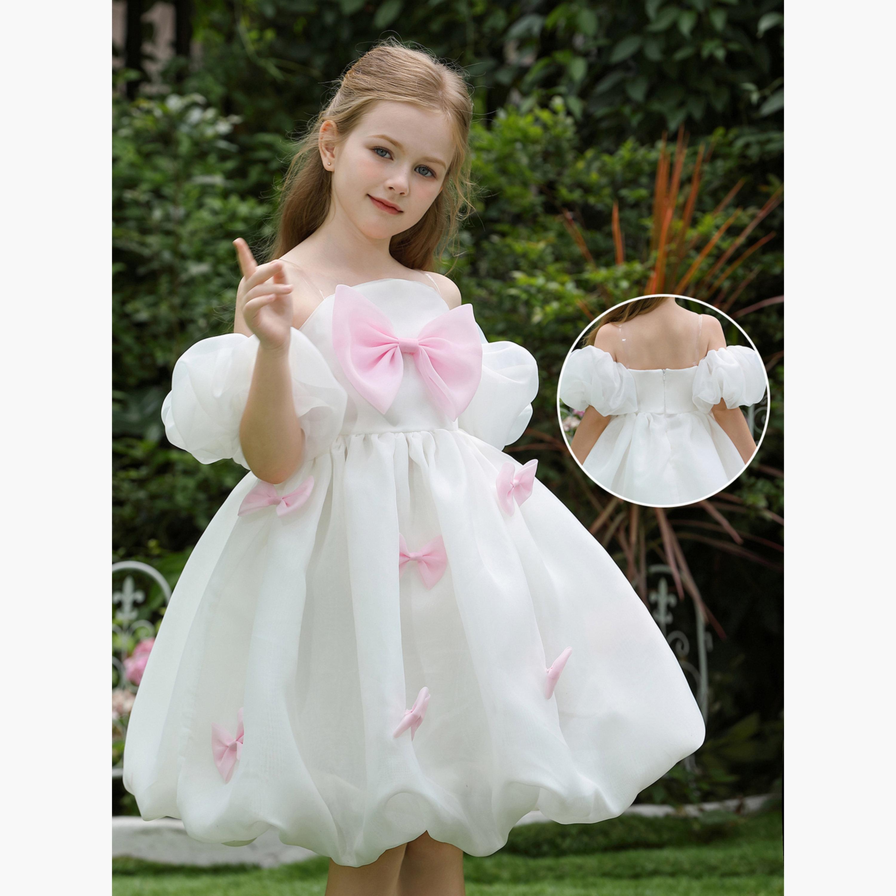 فستان أبيض بأكمام منفوخة وتفاصيل فيونكة-girls-clothing-dressesandjumpsuits-image-2