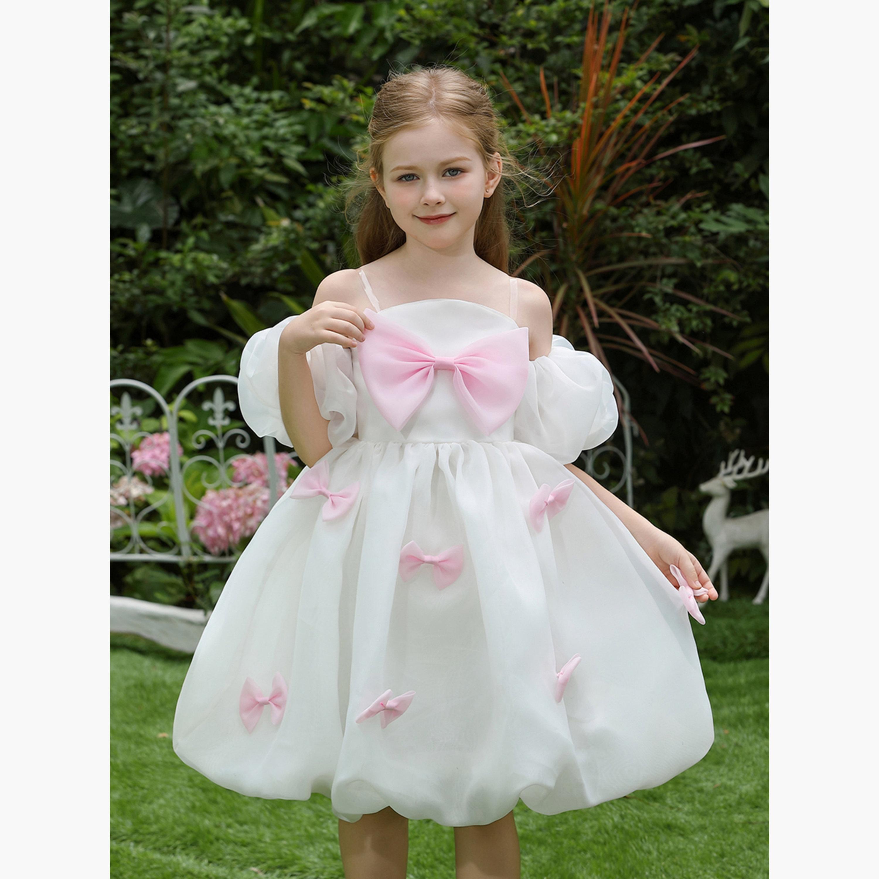 فستان أبيض بأكمام منفوخة وتفاصيل فيونكة-girls-clothing-dressesandjumpsuits-image-3