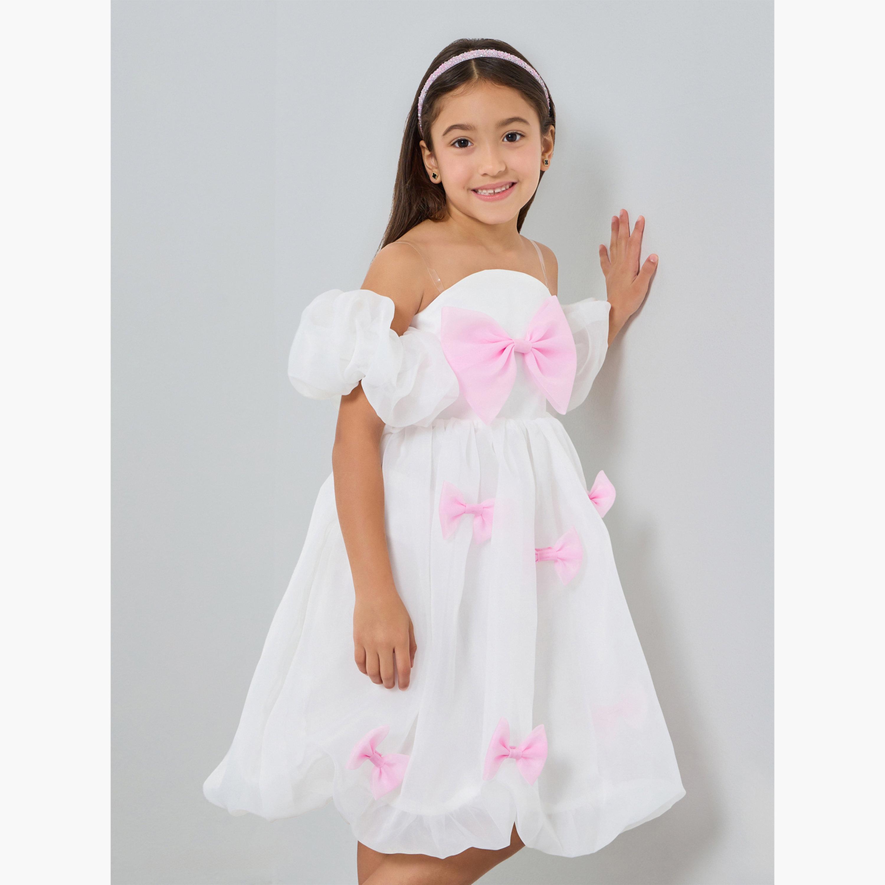 Take Two Girls White Puff Sleeve Bow Detail Dress-girls-clothing-dressesandjumpsuits-image-4