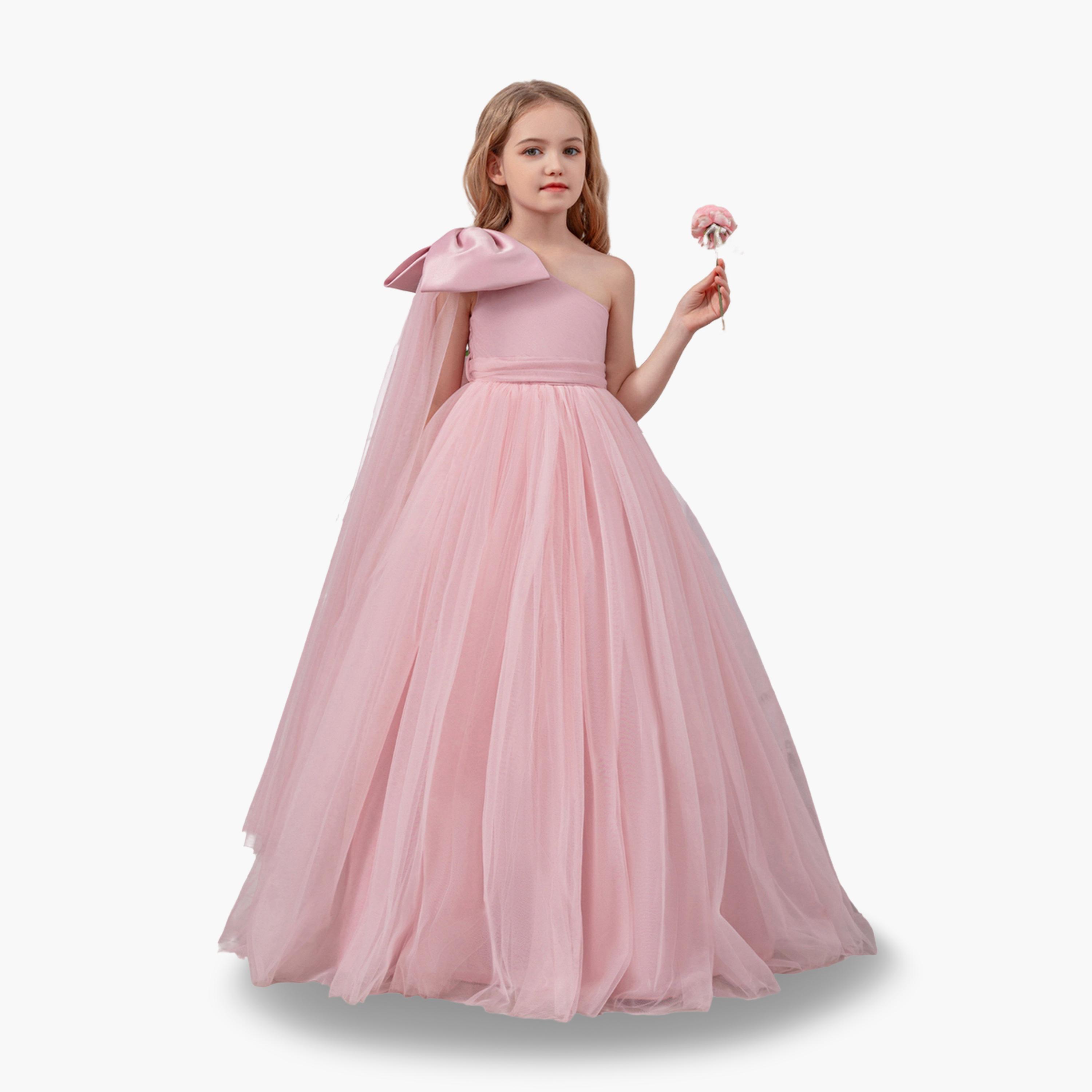 فستان طويل بناتي شبكي وردي بكتف واحد-girls-clothing-dressesandjumpsuits-image-1