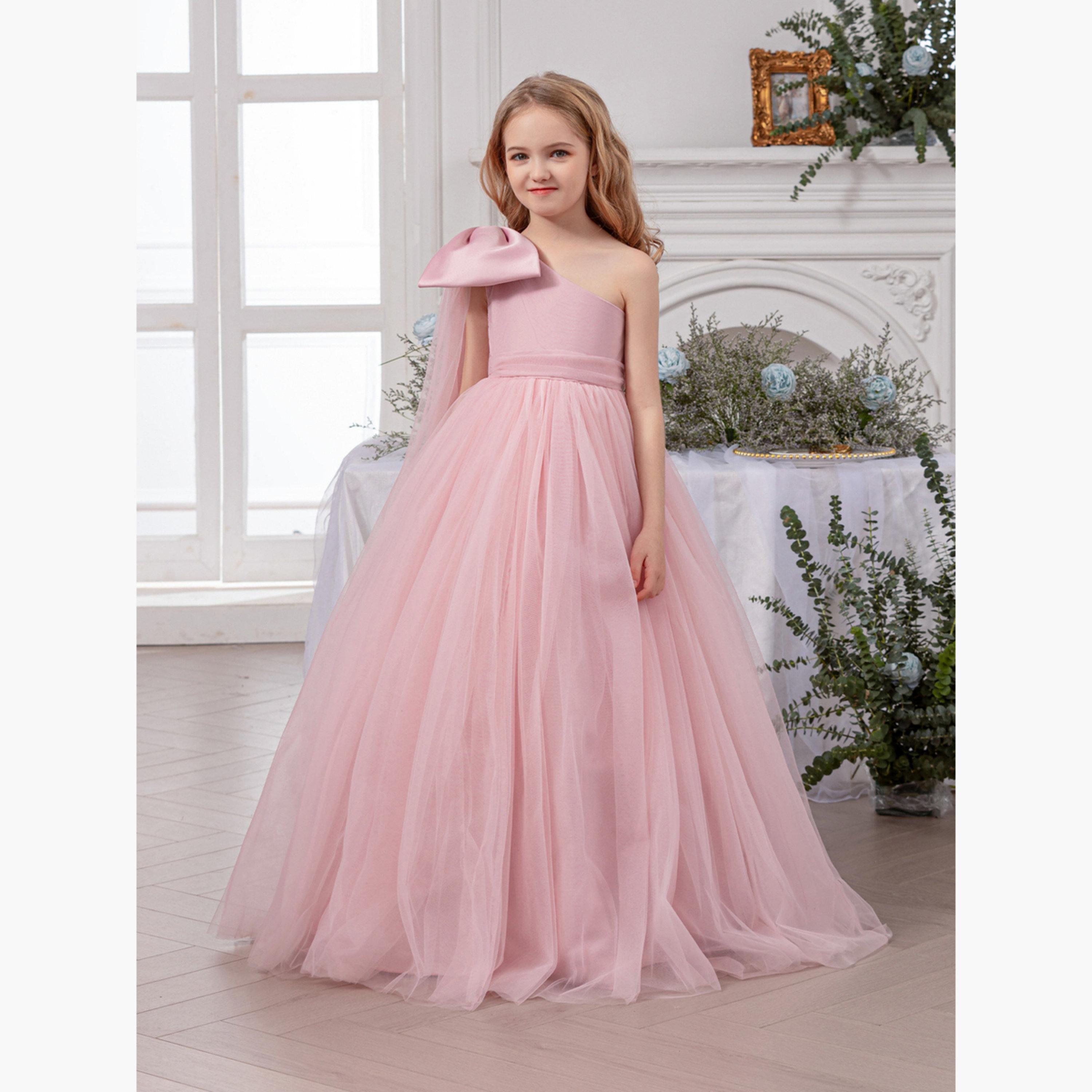 فستان طويل بناتي شبكي وردي بكتف واحد-girls-clothing-dressesandjumpsuits-image-2