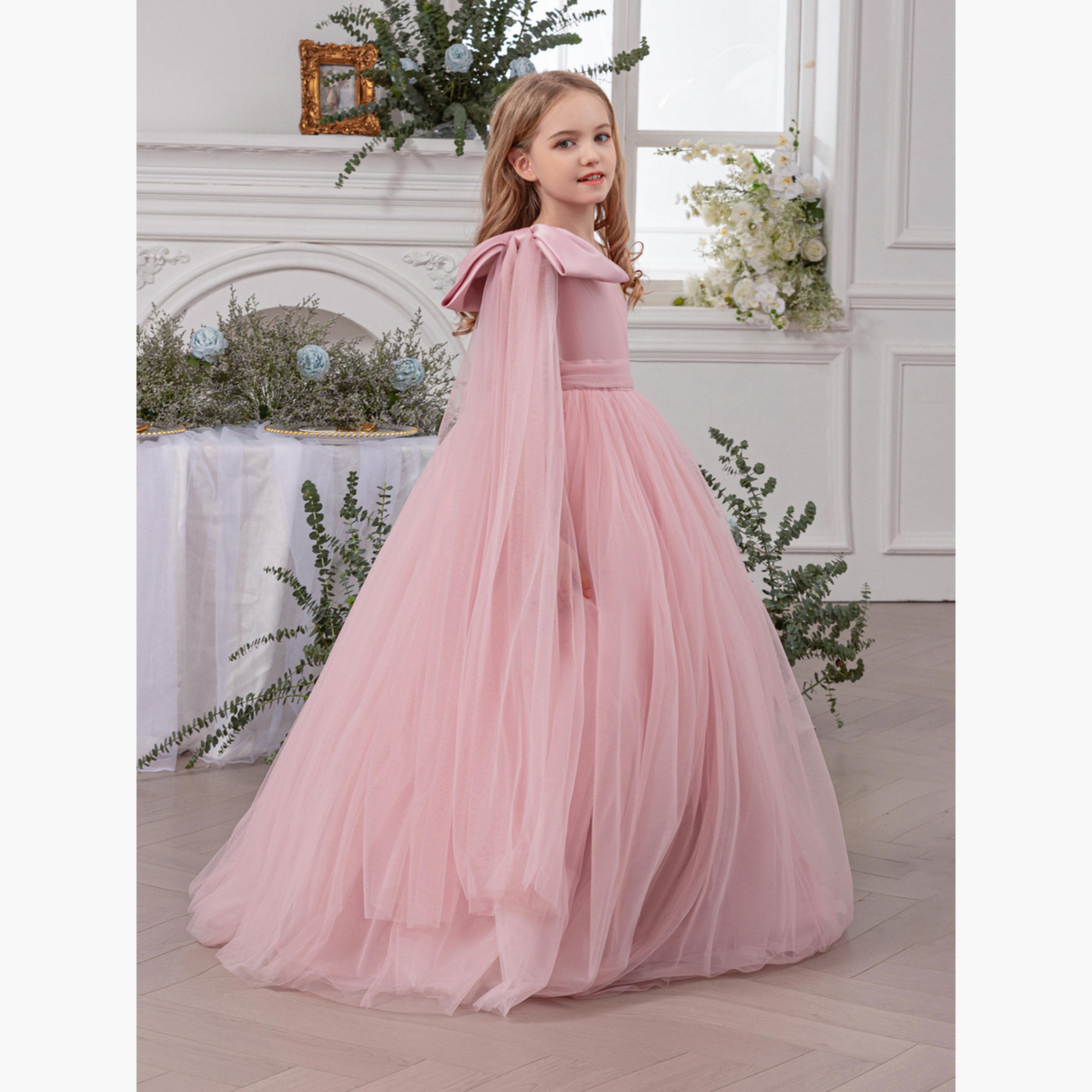 فستان طويل بناتي شبكي وردي بكتف واحد-girls-clothing-dressesandjumpsuits-image-4