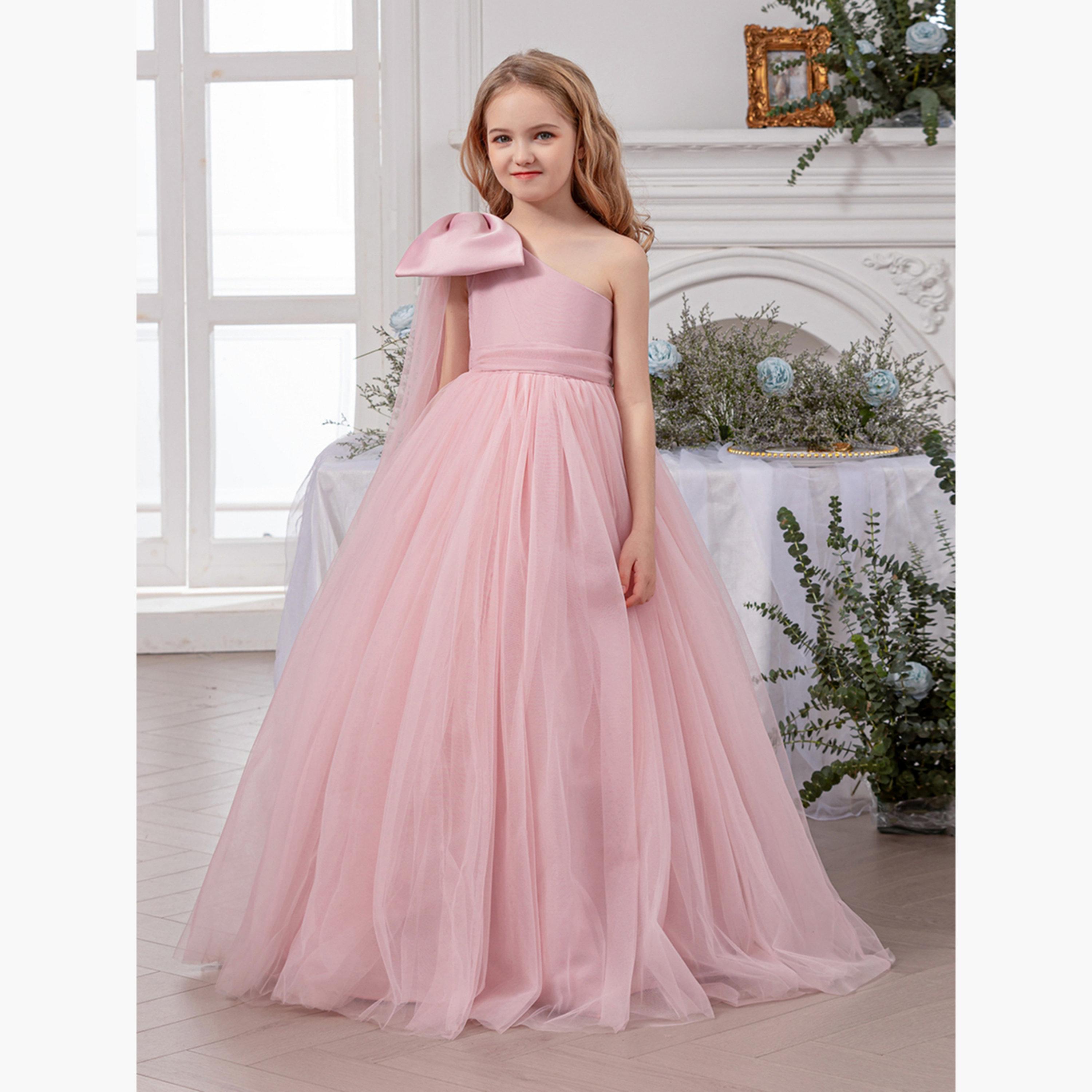 فستان طويل بناتي شبكي وردي بكتف واحد-girls-clothing-dressesandjumpsuits-image-6