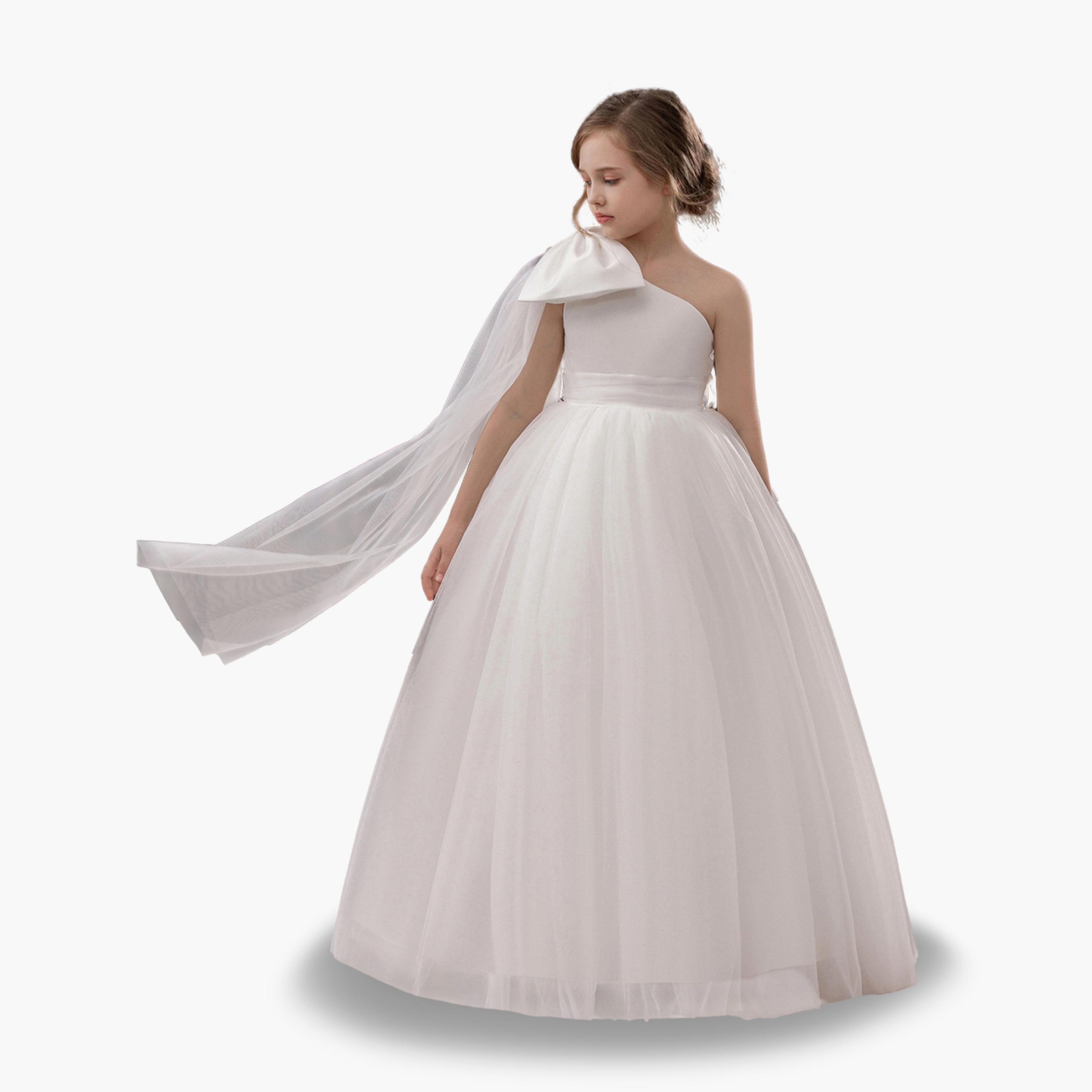 فستان طويل بناتي شبكي أبيض بكتف واحد-girls-clothing-dressesandjumpsuits-image-1
