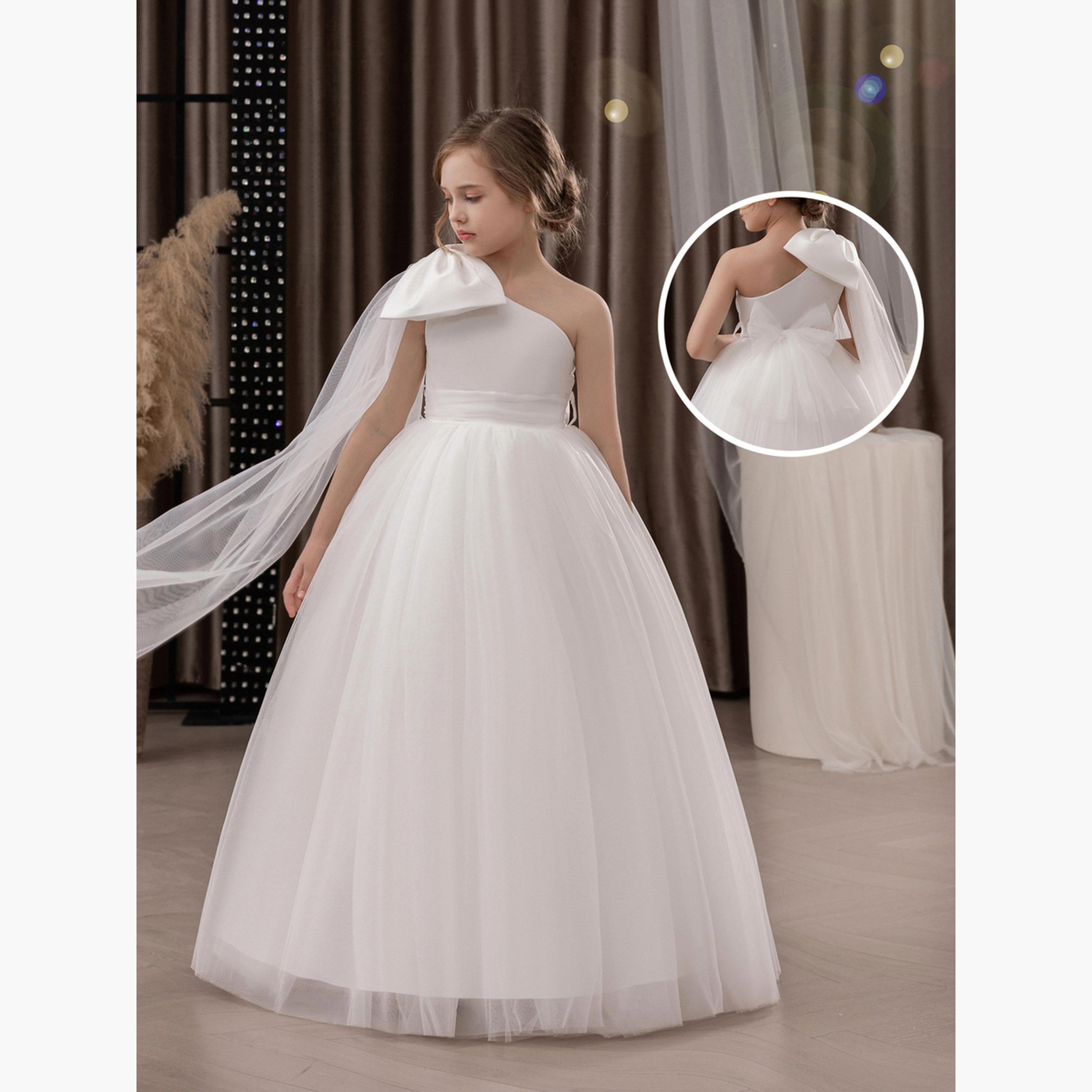 فستان طويل بناتي شبكي أبيض بكتف واحد-girls-clothing-dressesandjumpsuits-image-4