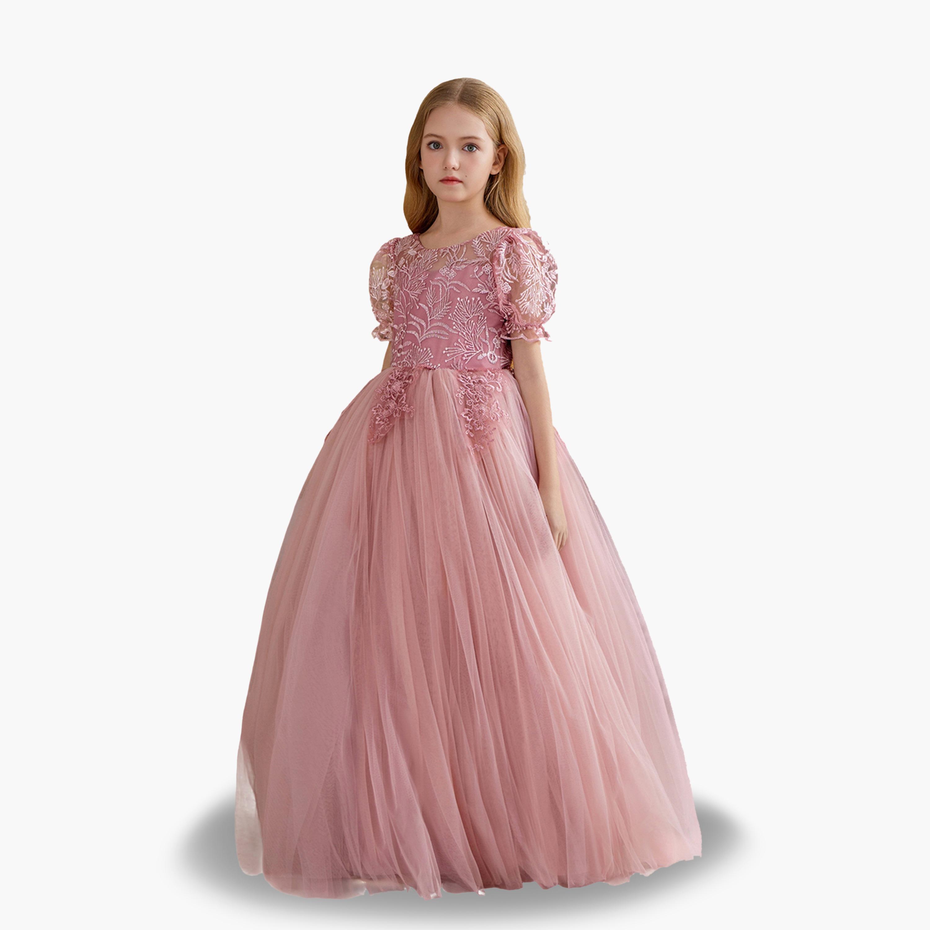 فستان طويل بناتي وردي بدانتيل زهور وأكمام منفوخة-girls-clothing-dressesandjumpsuits-image-1