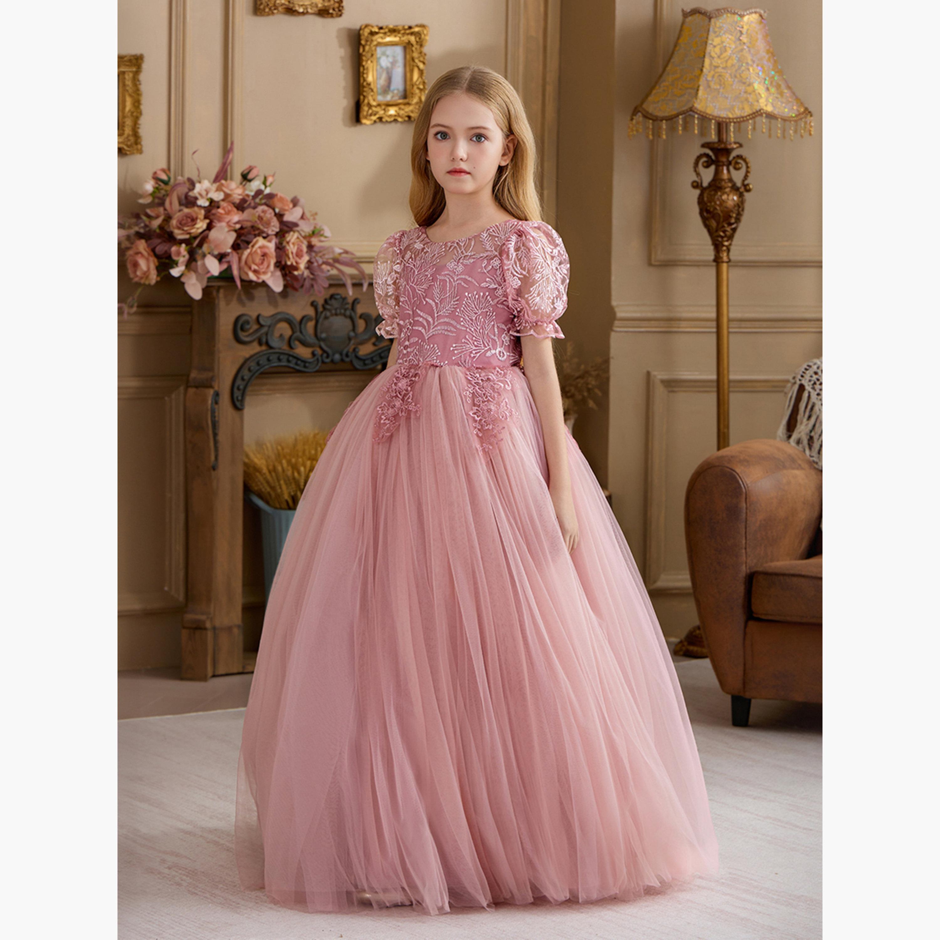 فستان طويل بناتي وردي بدانتيل زهور وأكمام منفوخة-girls-clothing-dressesandjumpsuits-image-2