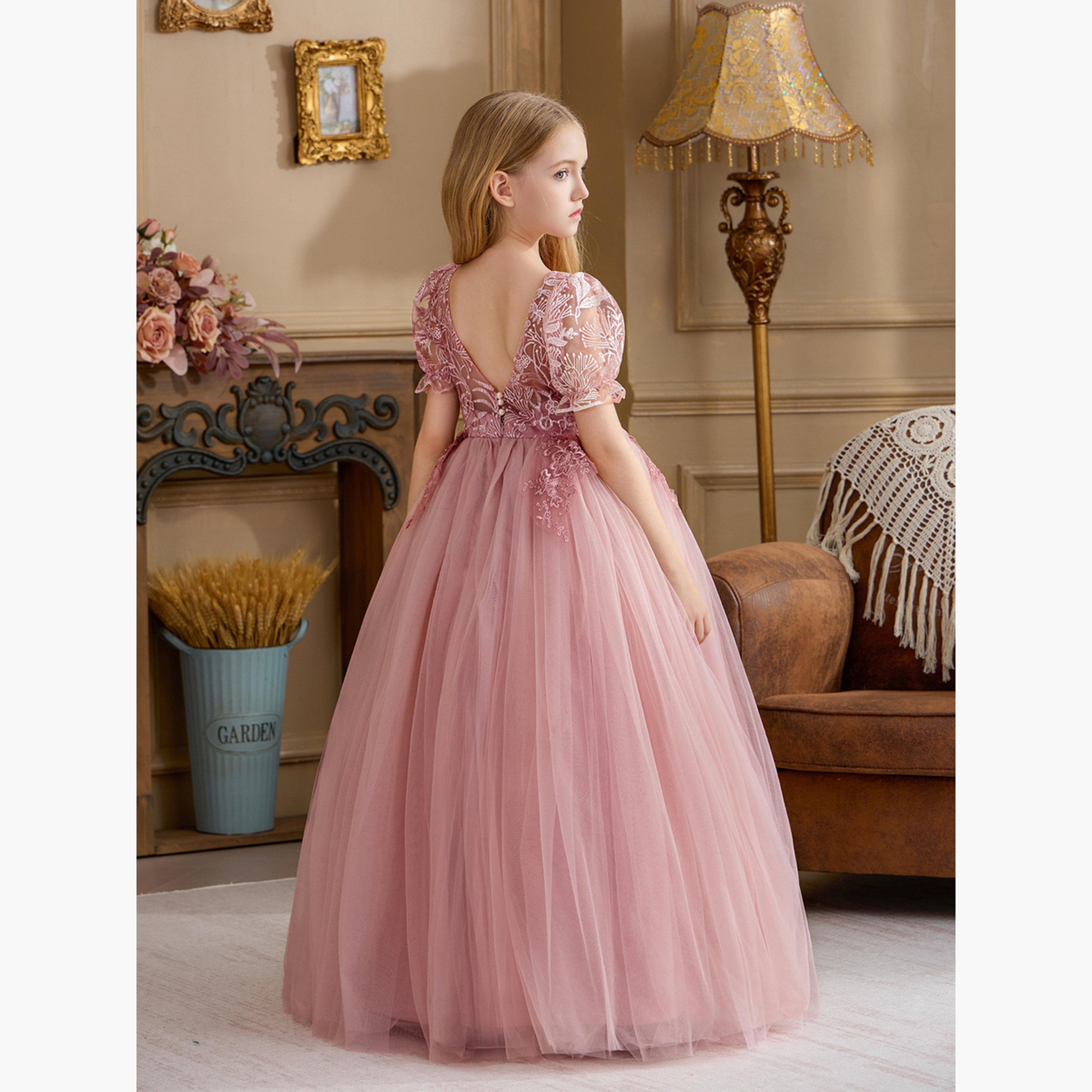 فستان طويل بناتي وردي بدانتيل زهور وأكمام منفوخة-girls-clothing-dressesandjumpsuits-image-4